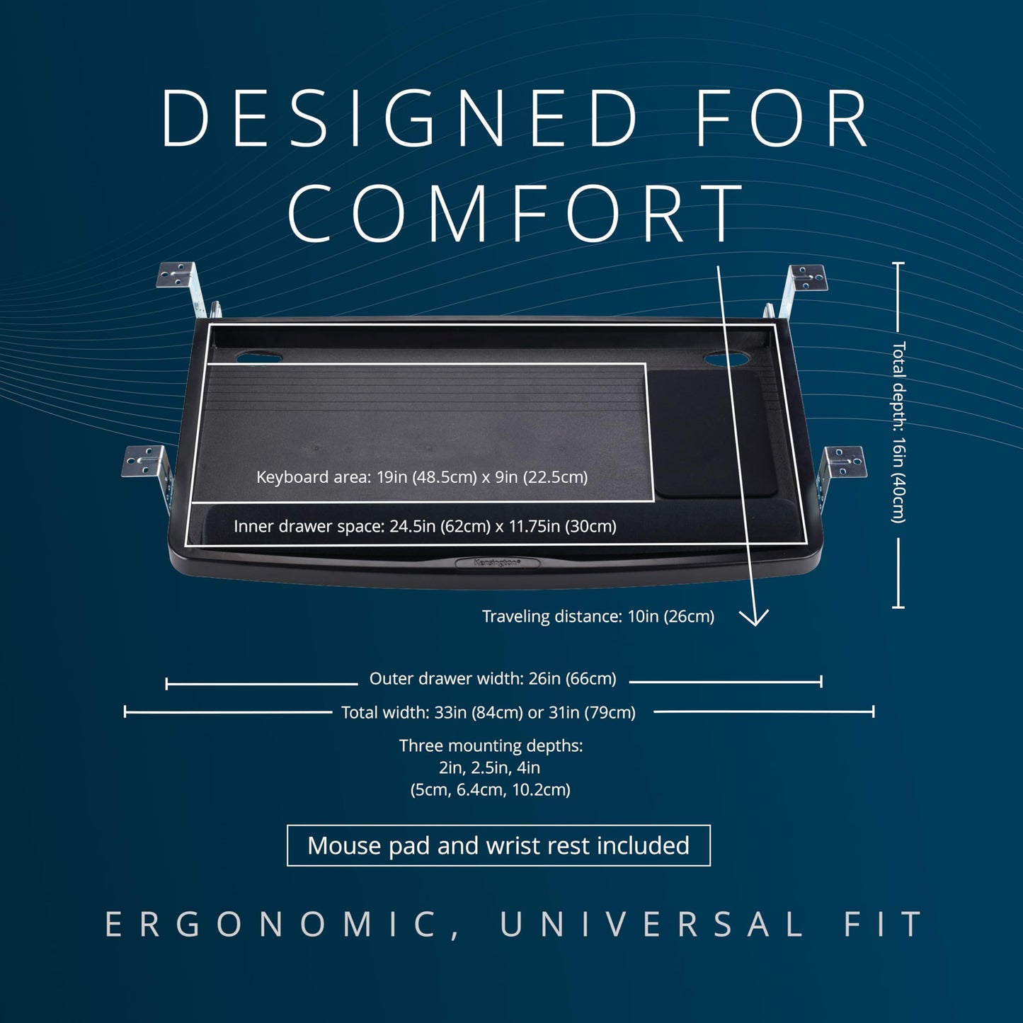 Kensington Keyboard Tray Under Desk, SmartFit Ergonomic Slide-Out Keyboard Drawer with Cable Management, Extra-Wide Height Adjustable Keyboard Holder, 24.5" x 11.75", Black K60004US