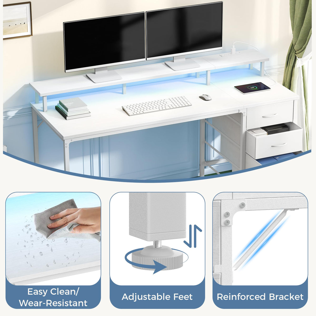 DUMOS 40 Inch Computer Desk with 4 Drawers,4 Drawer Gaming Desk with Power Outlets and LED Lights,Office Desk for Small Spaces with Monitor Shelf,Writing Desk for Home Office,Bedroom, Study,White