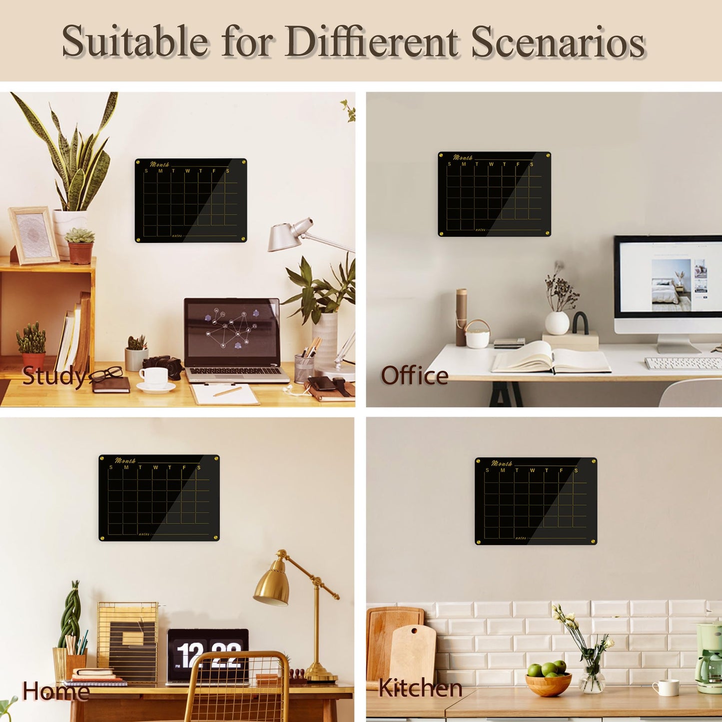 Marribol Black Acrylic Calendar Whiteboard for Wall,16’’x12’’,Dry Erase Calendar for Home,Office