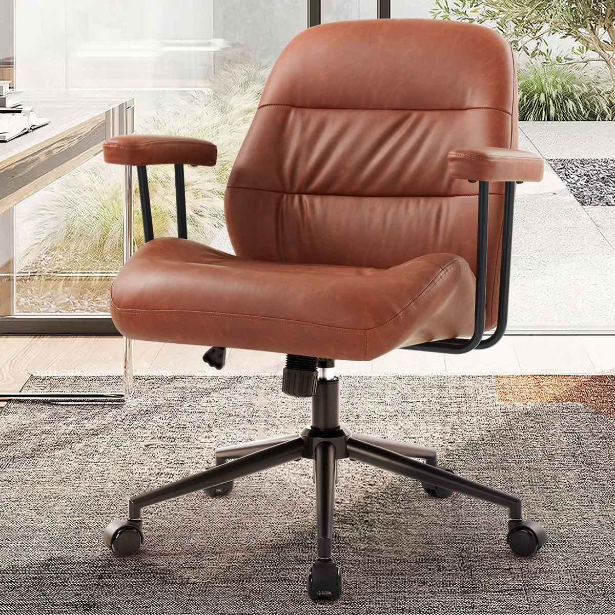 IWMH Leather Office Chair with Removable Armrests,Mid-Back Ergonomic Desk Chair with Lumbar Support,Adjustable Height 360° Swivel Executive Task Chairs for Home Office (Brown)