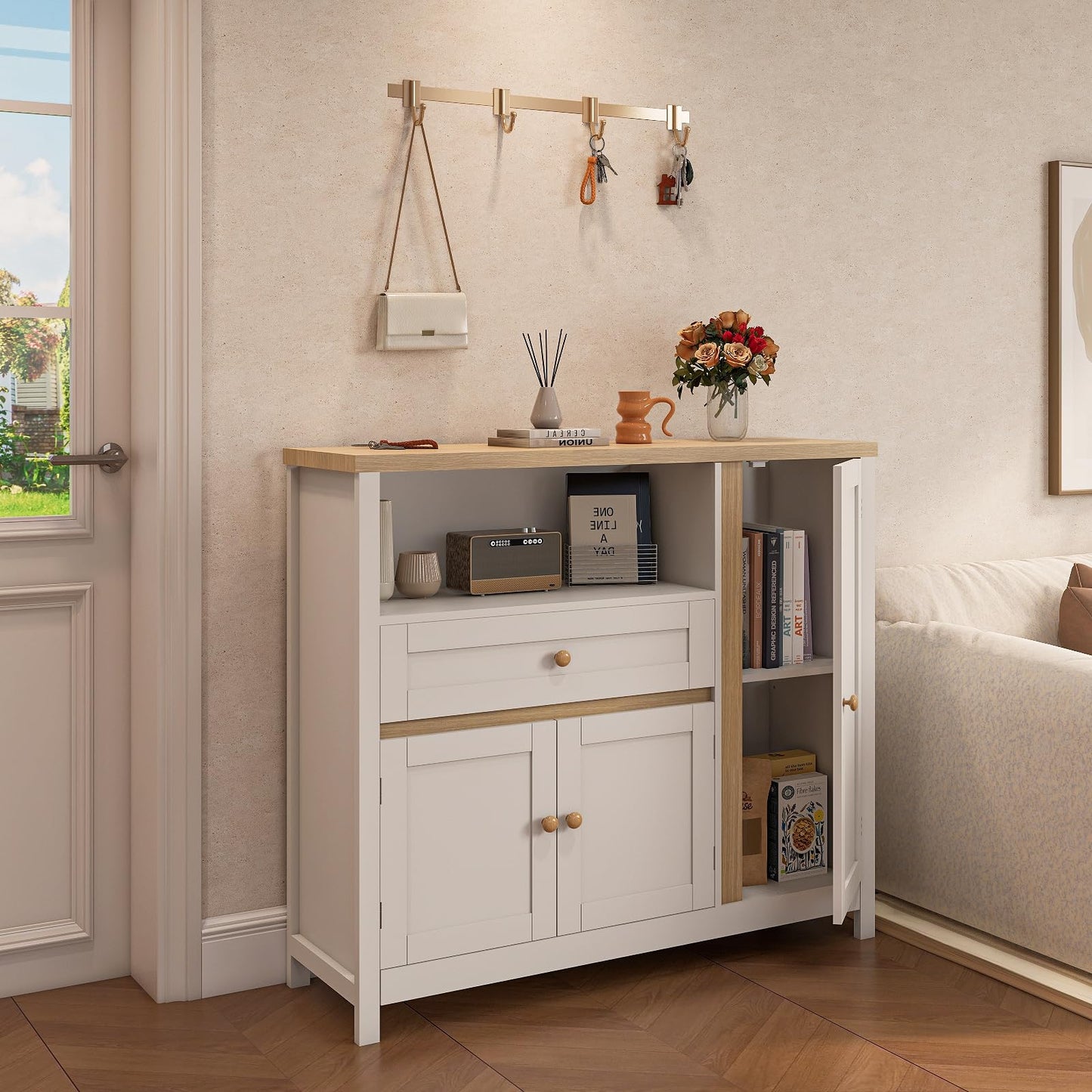 Viaozutis Storage Cabinet with Doors and Drawers,Kitchen Storage Cabinets,with Drawer and Adjustable Shelf(White)