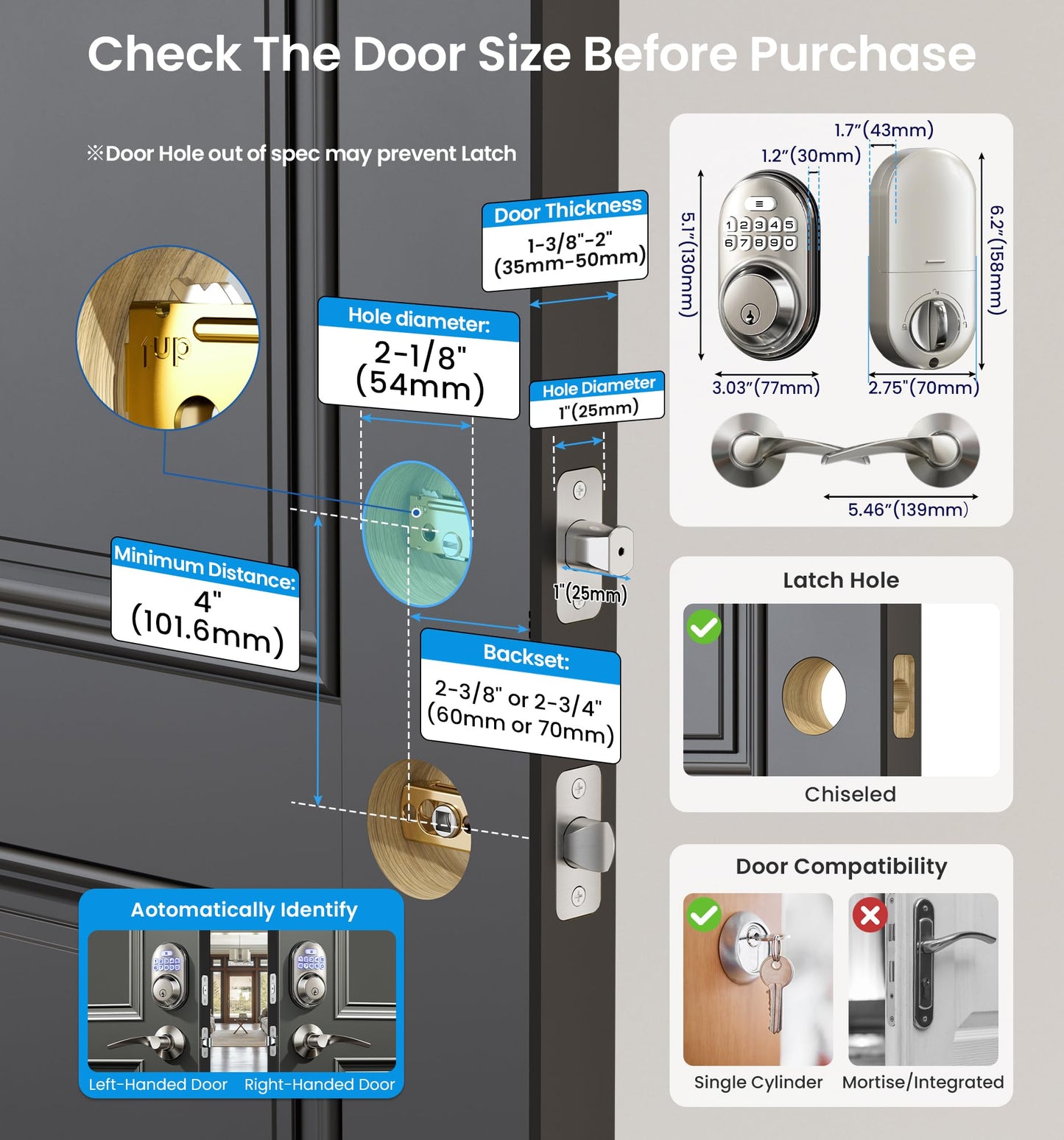 Veise Keyless Entry Door Lock with 2 Lever Handles - Electronic Keypad Deadbolt, Auto Lock, Back Lit & Easy Installation Design, Front Door Handle Sets, Satin Nickel