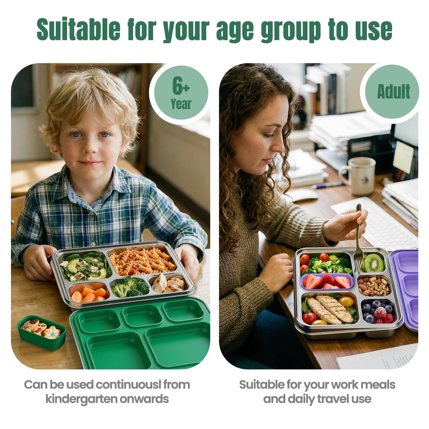 Zeekala Stainless Steel Bento Lunch Box for Kids & Adults, 5 Compartment Metal Portable Bento Box with Silicone Food Container and Removable Silicone Seal,BPA-Free,School,Office(Green)