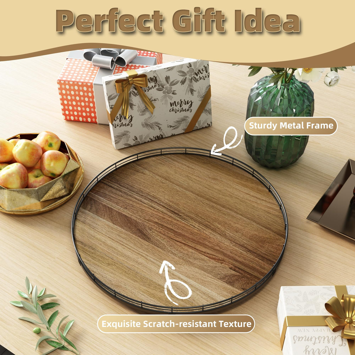 Acacia Wood 12" Lazy Susan Turntable Organizer for Table Top, Farmhouse Round Wooden Lazy Susan for Cabinet Kitchen Centerpieces Coffee Table, for Condiments Spices, Bathroom Vanity Tray Decor