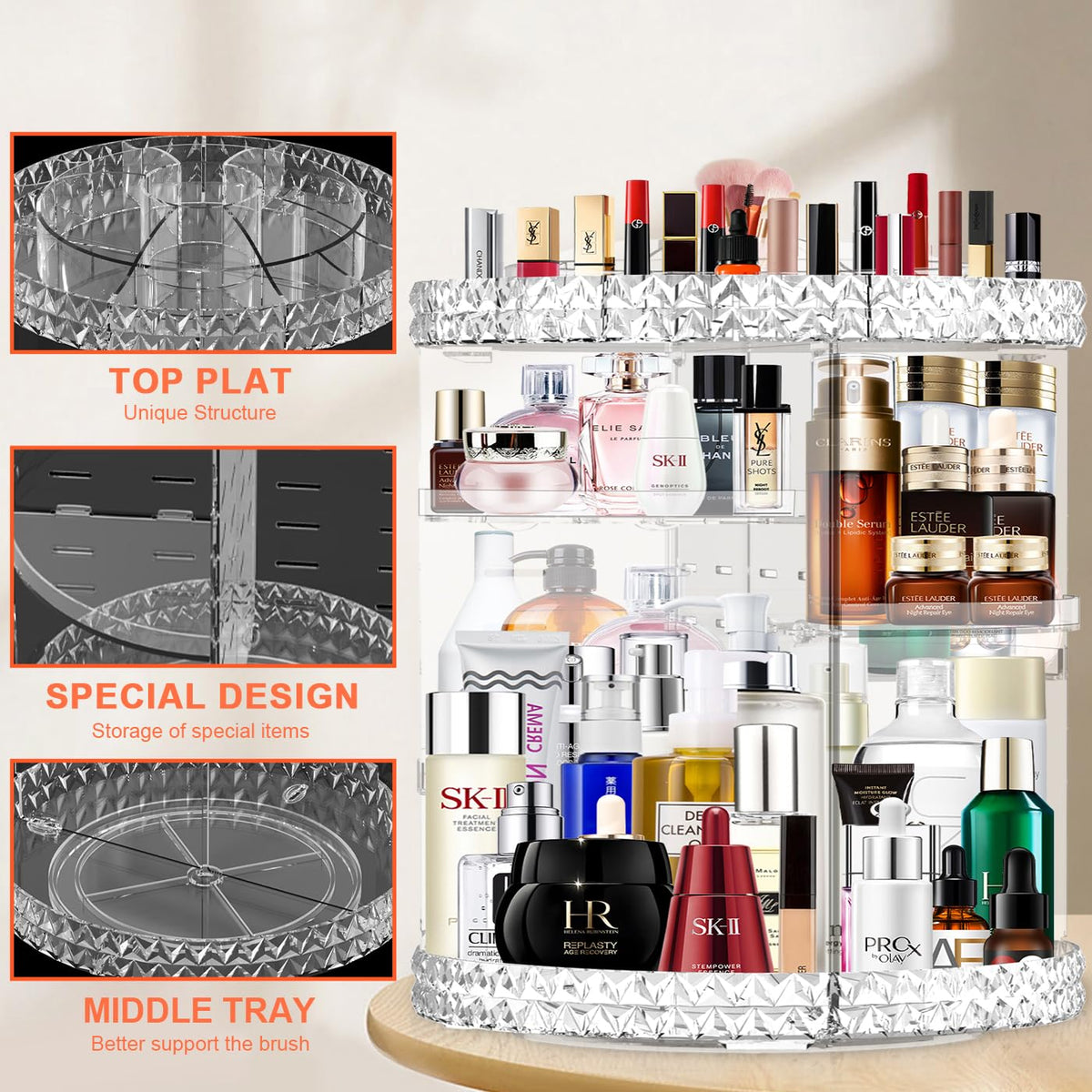360 Rotating Makeup Organizer for Vanity + Makeup Brush Holder,Perfume Organizer with 6 DIY Adjustable Layer,Large Capacity Skincare Organizers,Lazy Susan Make up Organizer for Bedroom Dresser,Clear