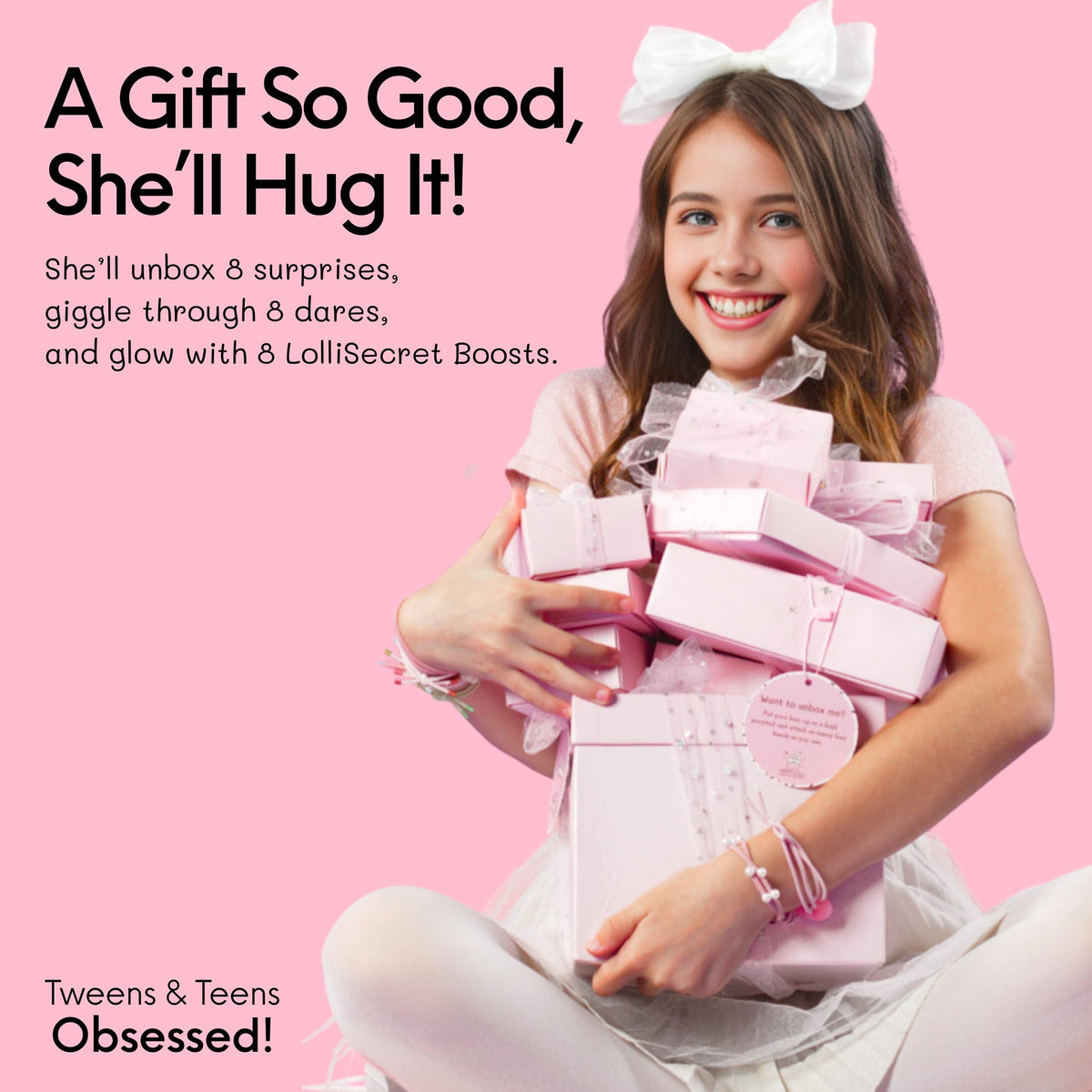 HAPPY LOLLI Pink LolliBox Gift Set for Tween & Teen Girls Ages 8–15, Birthday Gift Box, Ready-to-Gift Surprise Box with 8 Individually Wrapped Gifts & Empowering Challenges