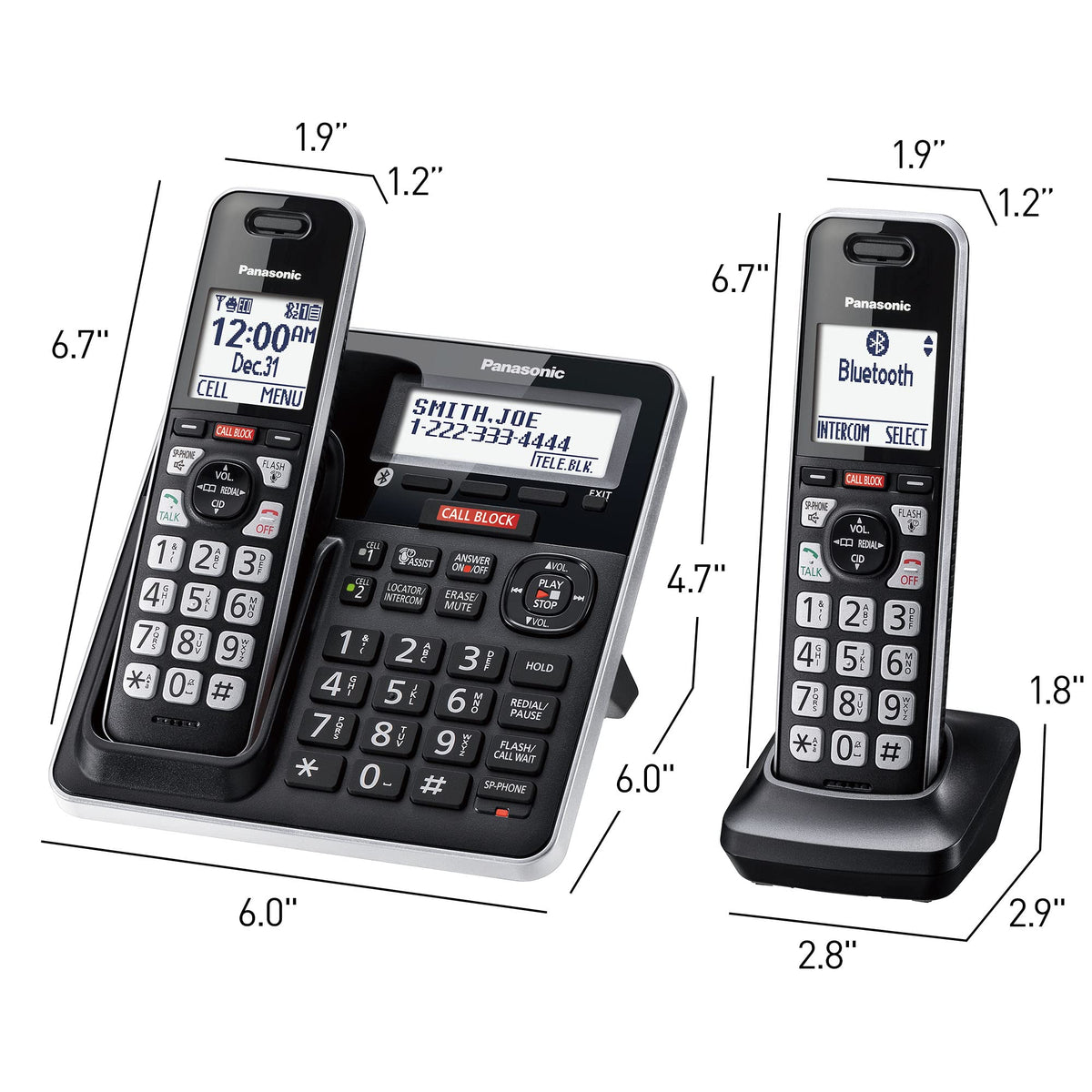 Panasonic Cordless Phone with Advanced Call Block, Link2Cell Bluetooth, One-Ring Scam Alert, and 2-Way Recording, Answering Machine, 5 Handsets - KX-TGF975B (Black/Silver Trim)