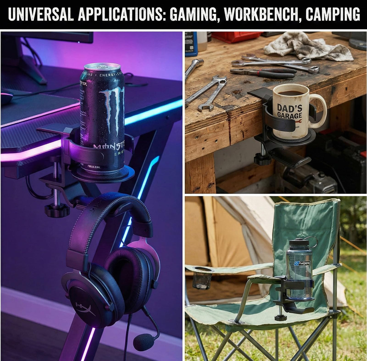 3 in 1 Desk Cup Holder & Headphone Hanger, 360° Rotating Under-Desk Hook, Aviation-Grade Aluminum Clamp-On for Gaming Desks, Workbenches, Shelves & Camping Chair Armrests, Fits Large 40oz Tumblers