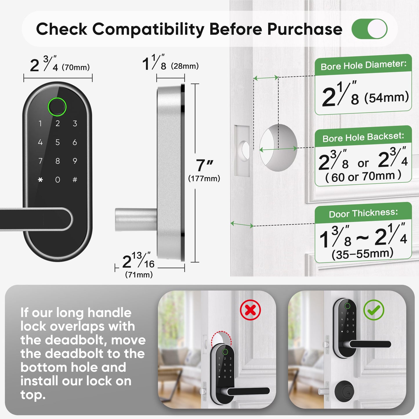 Keyless Entry Fingerprint Digital Smart Lock with Handle & Keypad: Electronic/Electric Lock with Code, App Control Biometric Deadbolt Door Knob for Front, Interior, Exterior & Bedroom Door (Silver)