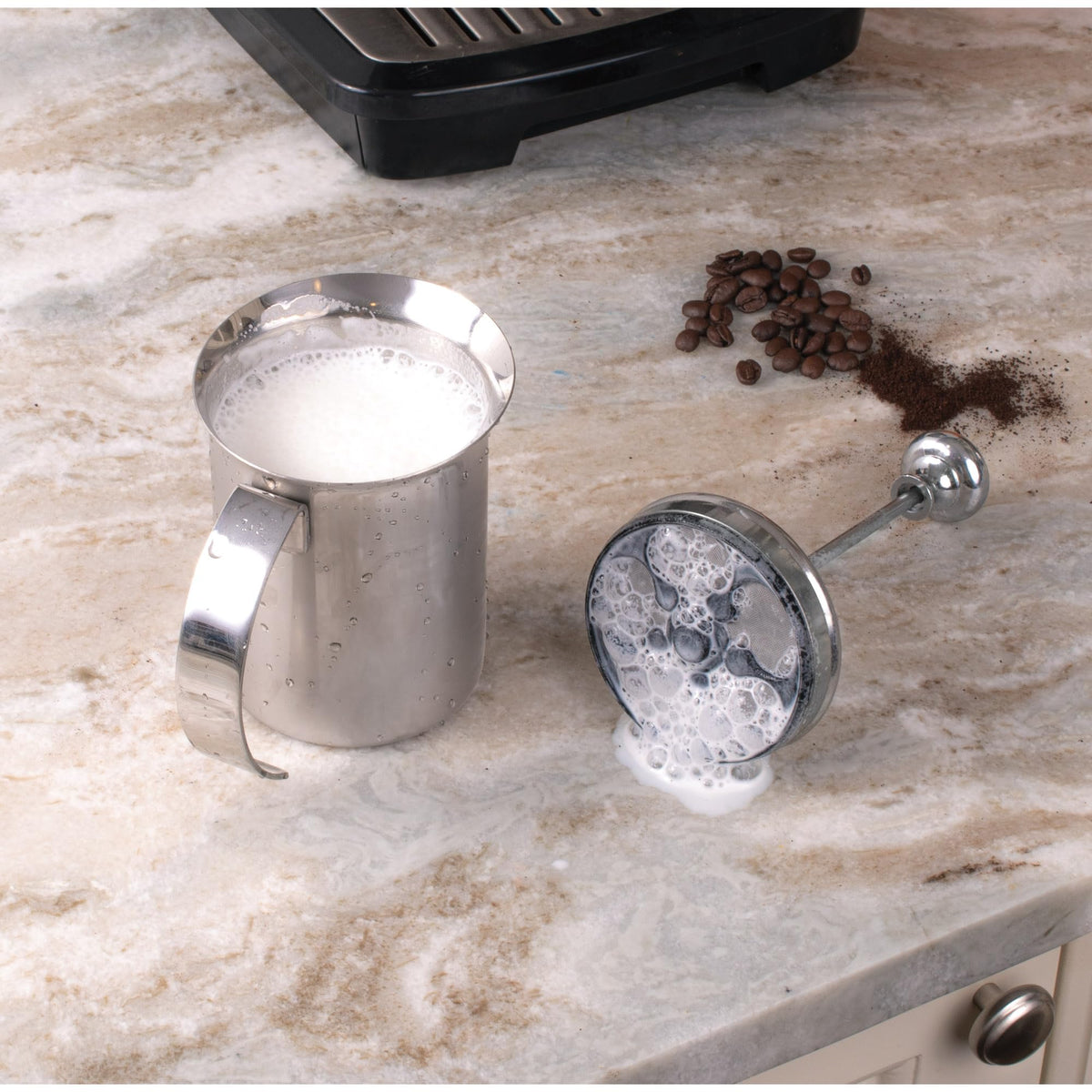 Fino Milk Creamer Frother Cappuccino Foam Pitcher with Handle and Lid, 18/8 Stainless Steel, 14-Ounce Capacity