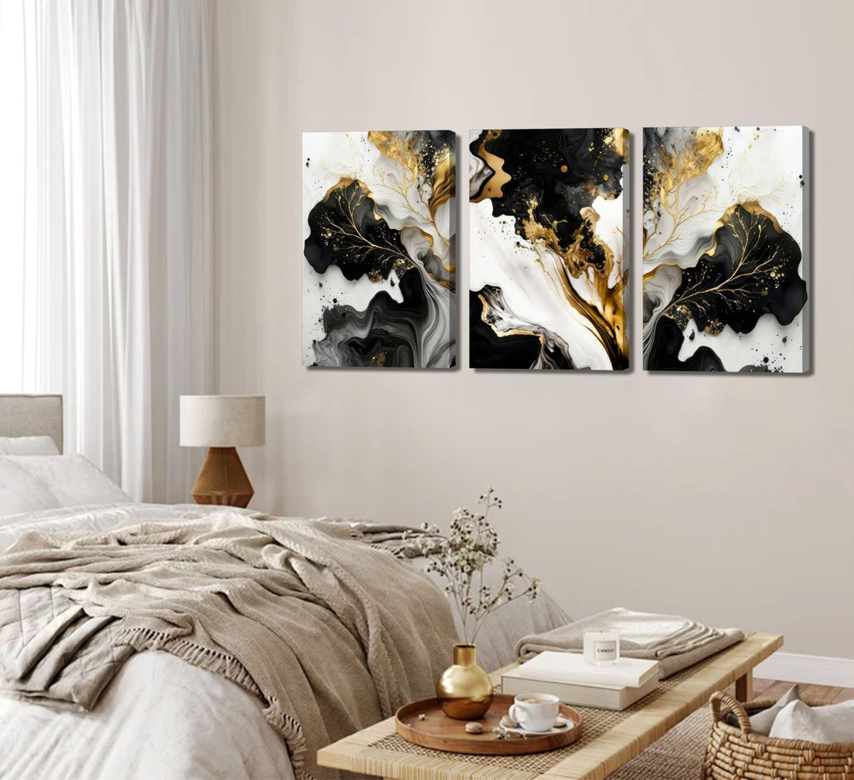 3Pcs Abstract Marble Canvas Wall Art Picture Black White Gold Texture Poster Print Modern Painting Wall Decor for Bedroom Living Room Office 12x16in Framed