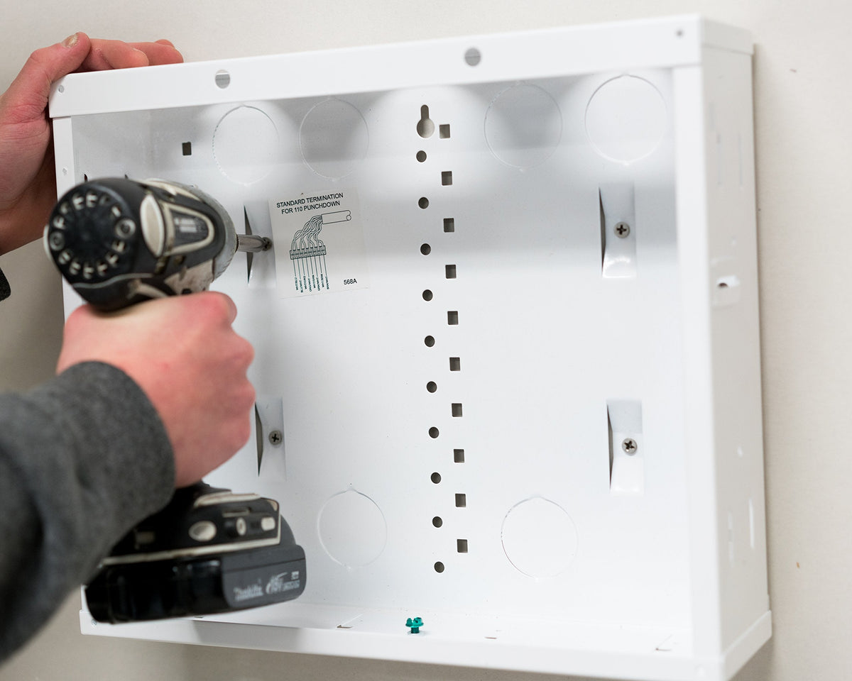 Legrand - OnQ 12 Inch Cable Management, In-Wall Media Box, Structured Wiring Enclosure, Home Networking Panel with 2.5 Inch Openings for Wires, Glossy White, EN1200