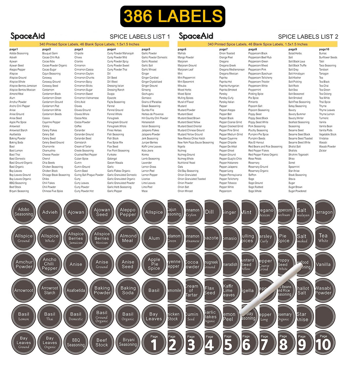 SpaceAid Spice Rack Organizer with 32 Spice Jars, 386 Spice Labels, Chalk Marker and Funnel Set for Cabinet, Countertop, Pantry, Cupboard or Door & Wall Mount - 32 Jars, 15.3" W × 10.8" H, Black