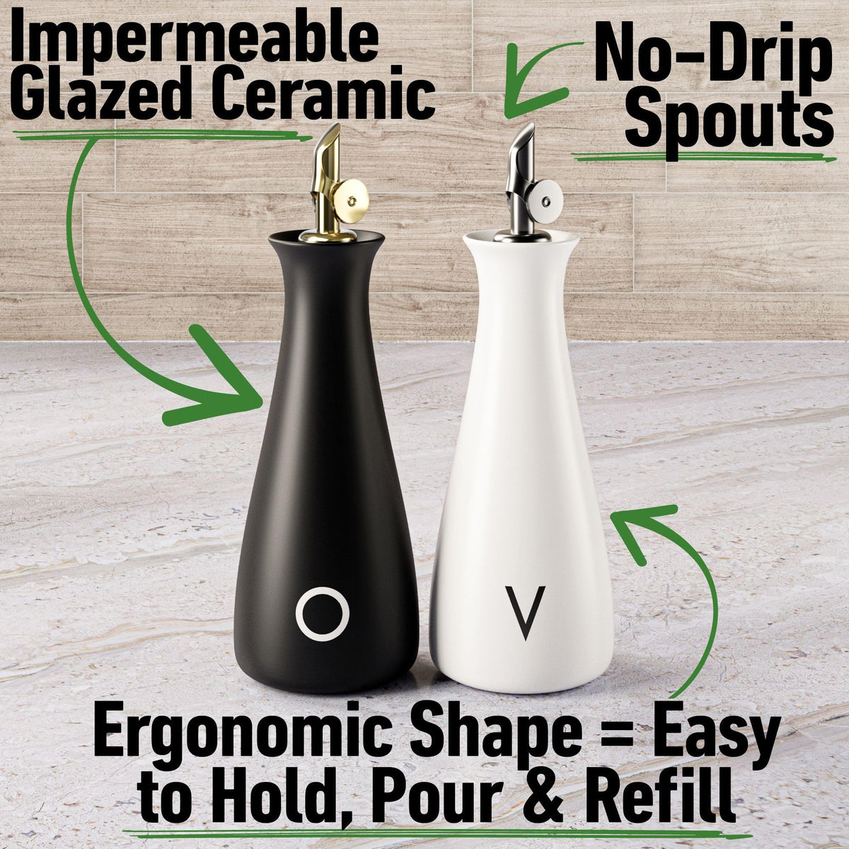 Oil and Vinegar Dispenser Set with Self-Closing Stainless Steel Spouts - 530 ML Capacity Matte Ceramic Leak Proof EVOO & Vinegar Dispensing Bottle Set of 2 - Olive Oil and Vinegar Dispenser Bottle Set