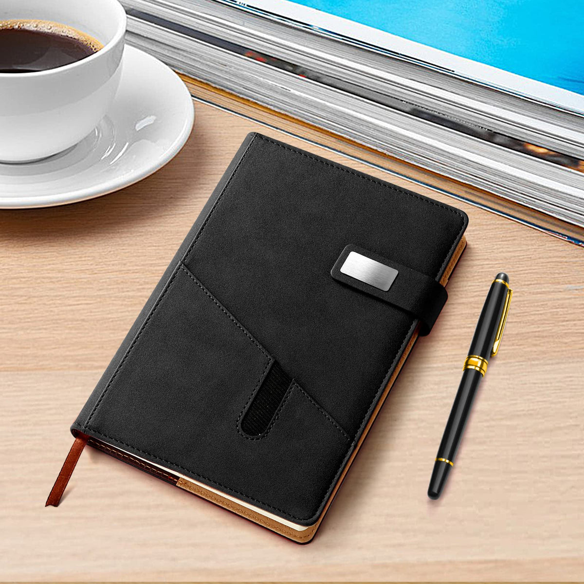A5 Lined Leather Notebook and Pen Set with Gift Box, 240 Pages Refillable Journal with Pocket and Magnetic Buckle, Hardcover Daily Diary for Men and Women Business Travel Personal Writing- Black