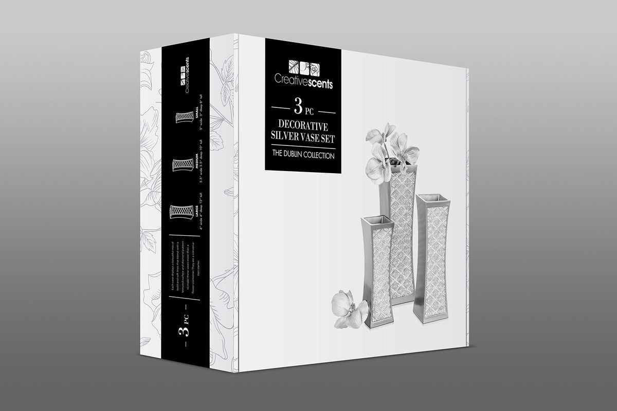 Creative Scents Dublin Silver Vases Set of 3 - Centerpieces for Dining Room Table, Decorative Vases Home Decor Accents for Living Room, Bedroom, Kitchen, Coffee Table Decor - Packaged in Gift Box