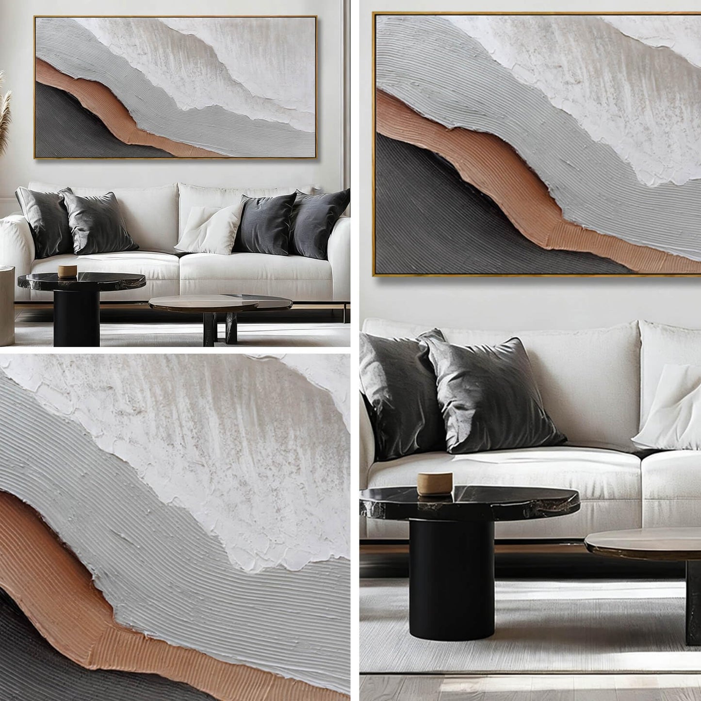 Textured White Wall Art,Grey Abstract Artwork,Large Framed Modern Pictures,Wave Landscape Oil Painting 24"x48"for Home Office Gallery