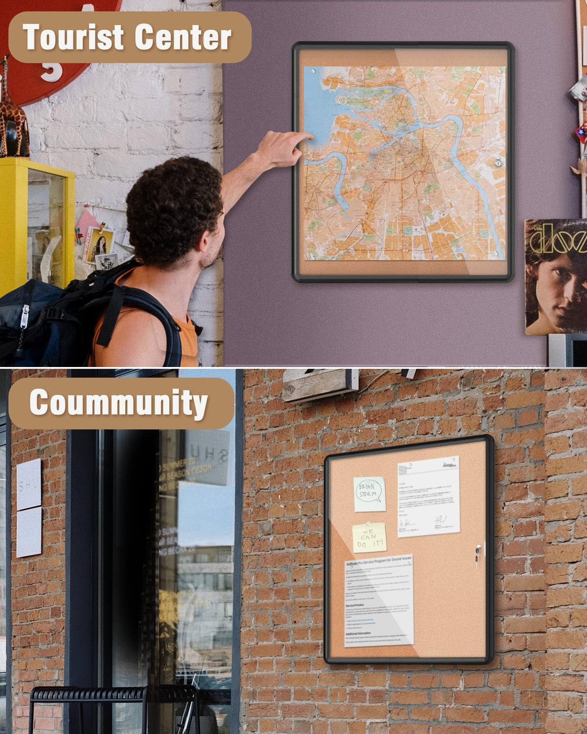 Mifuro 28"x26" Enclosed Bulletin Board, Lockable Weather-Resistant Aluminum Cork Noticeboard for School & Office, Black Frame w/Cork