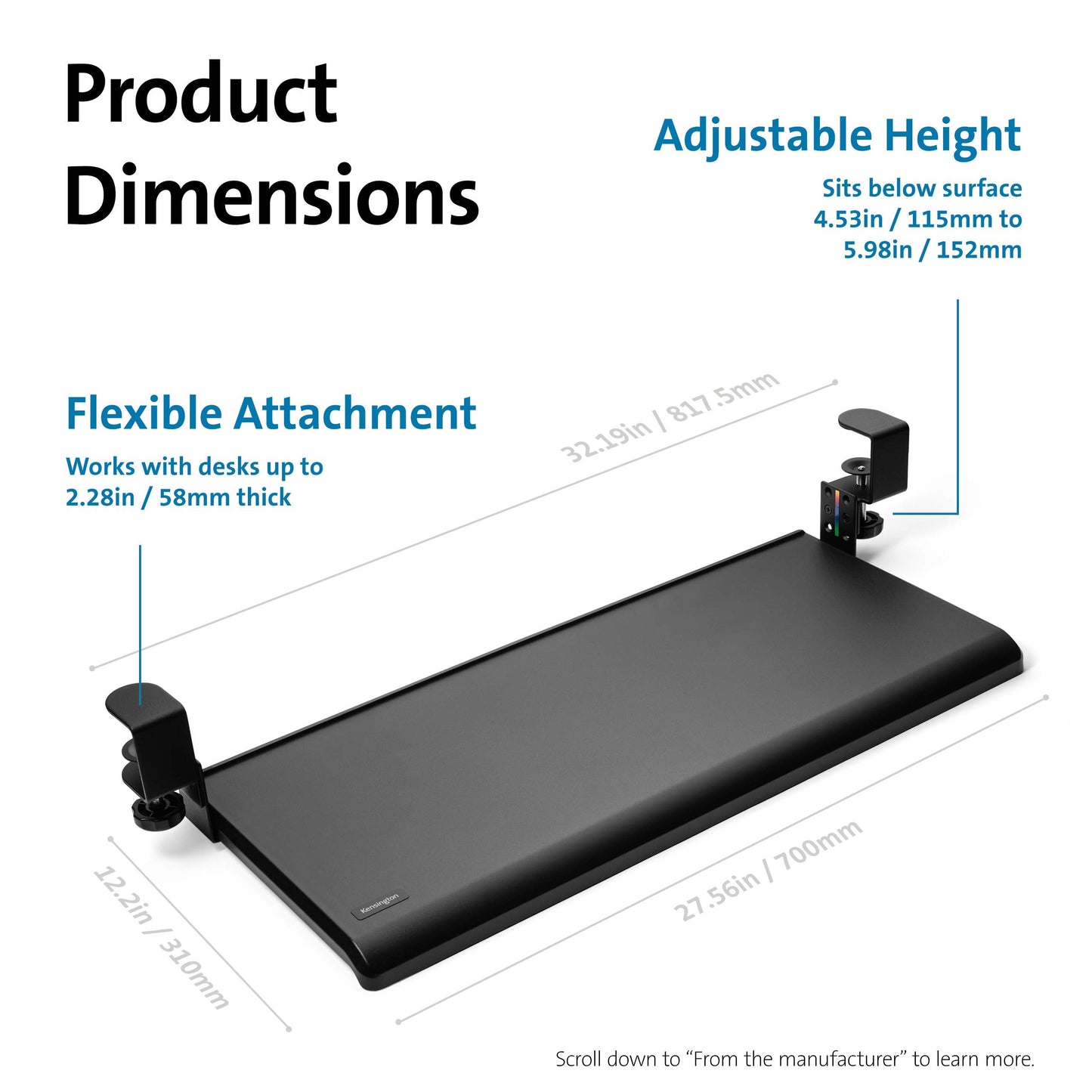 Kensington Clamp-On Keyboard Tray, Under Desk Keyboard Drawer with Cable Management, Ergonomic Smartfit Slide-out Height Adjustable Keyboard Holder, Black 13.3"x32.4"x2.4" K55407WW