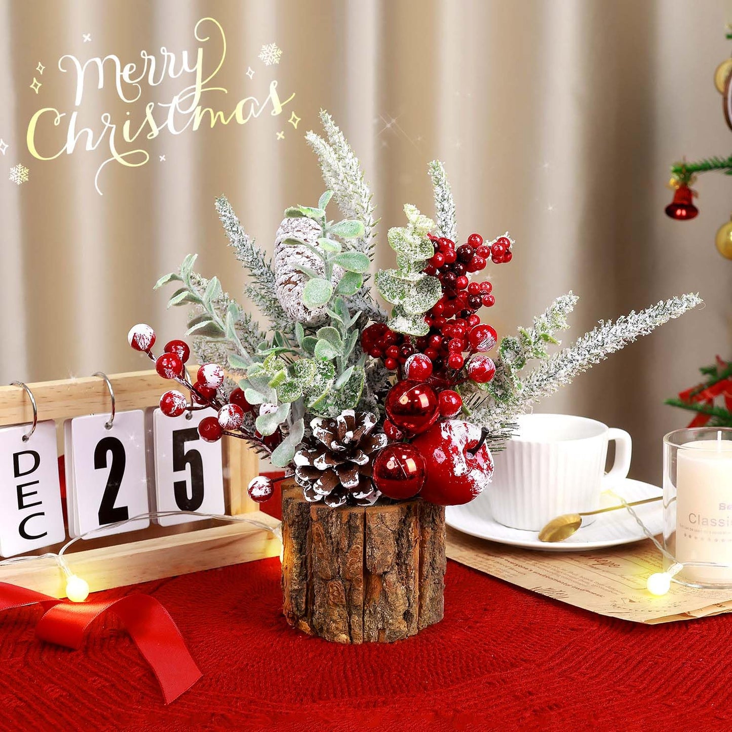 Small Christmas Tree Tabletop Artificial Mini Christmas Tree Decorations with Holiday Ornaments Red Berry Pine Cone Greenery for Home Indoor Fireplace Mantel Xmas Decor (2pcs -Tree Stump-Red)
