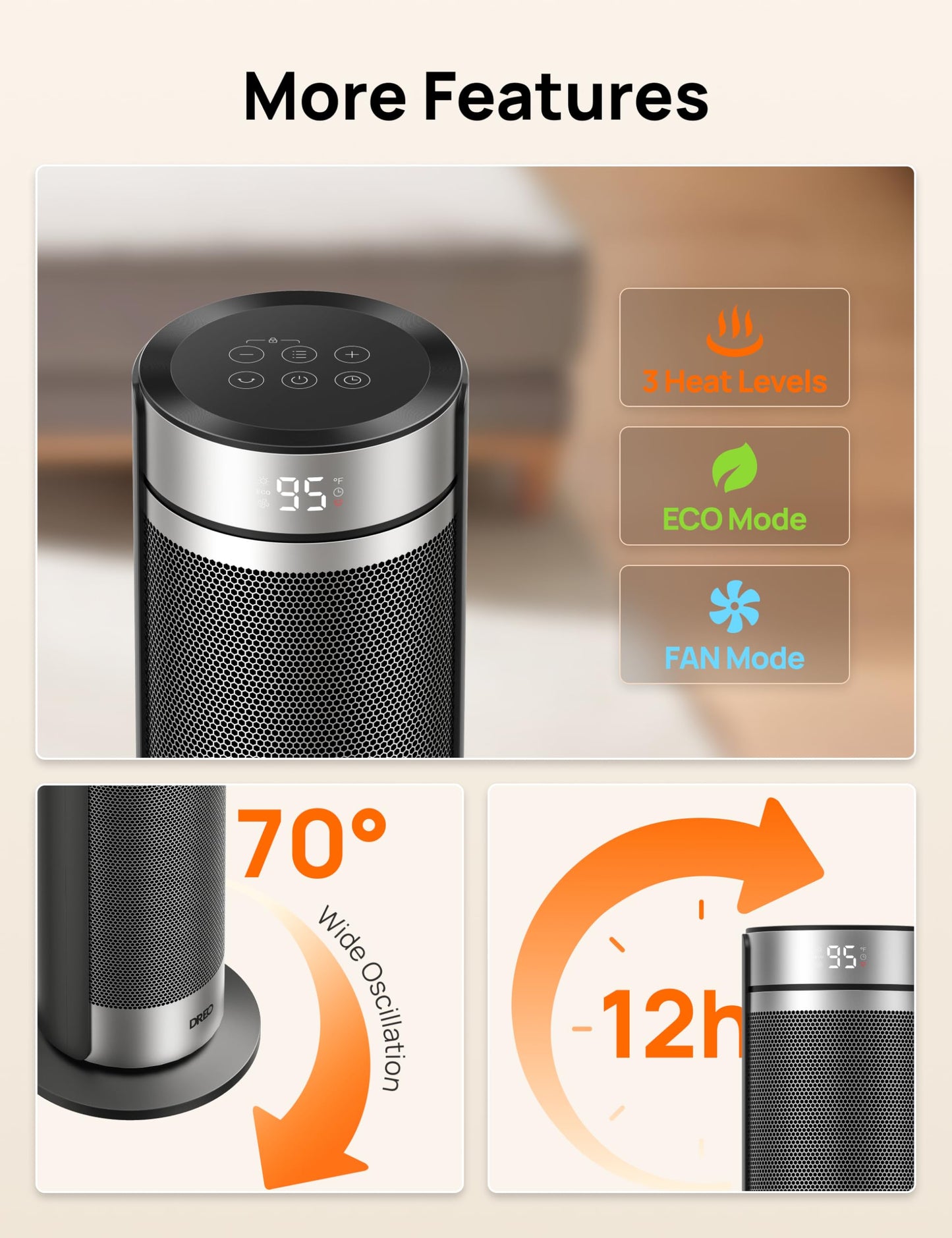DREO Space Heater for Large Room, 23 Inch Electric Heaters for Indoor Use, 8 Safe Protection Tower, 70° Oscillation, PTC Ceramic with Thermostat and Remote, Quiet, 12H Timer, Bedroom, Office