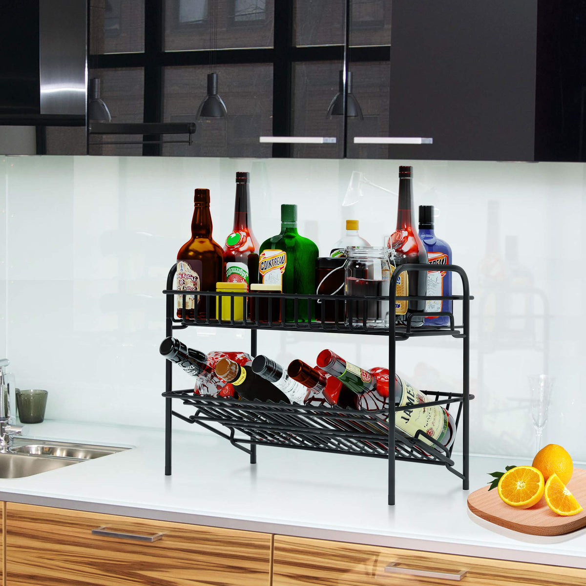 HengLiSam Spice Rack Organizer for Countertop, Heavy Duty Full Solid Metal Kitchen Shelves, 2 Tier Liquor Shelves Freestanding Holder Storage for Kitchen Cabinet Pantry Bottle Rack for Bathroom, Black