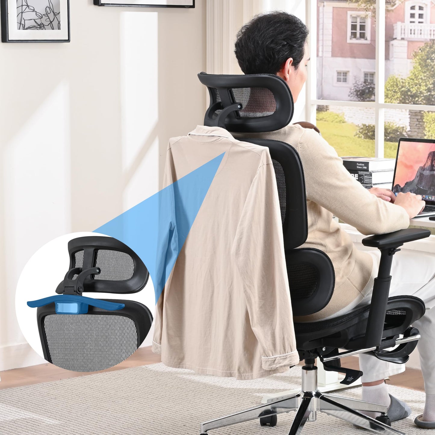 hujusko Mesh Ergonomic Office Chair with Footrest,High Back Mesh Gaming Chair with Lumbar Support,Adjustable Headrest and Armrests for Home Office Desk Chair (Modern, Black)