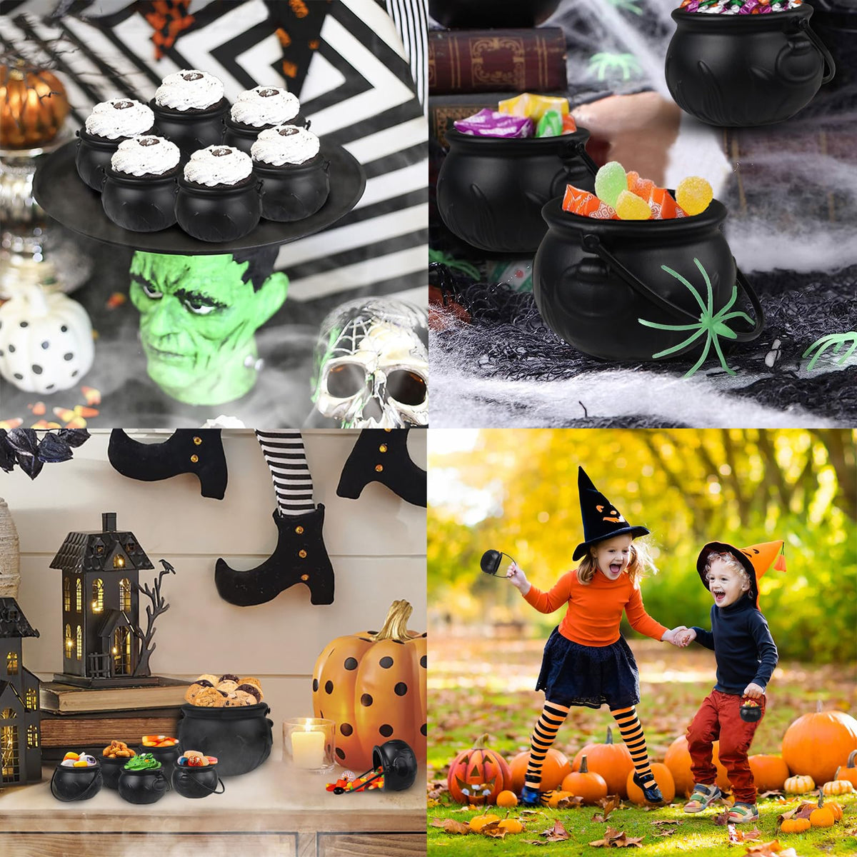 CESOF Cauldron Halloween Party Decor, Set of 12 Hanging Black Plastic Cauldron Bowls with Iron Rack, Large and Mini Candy Bucket Serving Punch Bowl for Table Witch Hocus Pocus Indoor Home Decorations