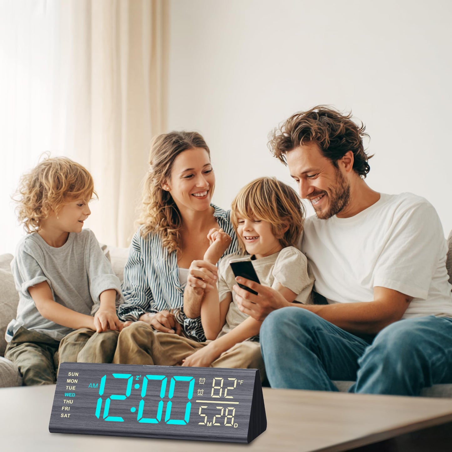 Haimiage Solid Wood Digital Alarm Clock for Bedroom - 8.8 Inch Large Display, Multicolor Backlight Time Display, Dual Alarms, Date/Temp/Day, DST, Snooze, Black