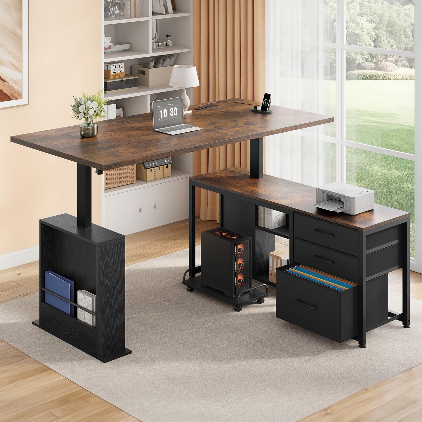 Homiflex 63 Inch L Shaped Desk with 3 Drawers Electric Standing Desks with Storage Computer Table Adjustable Height with Power Outlets 4 Memory Presets for Home Office, Rustic Brown