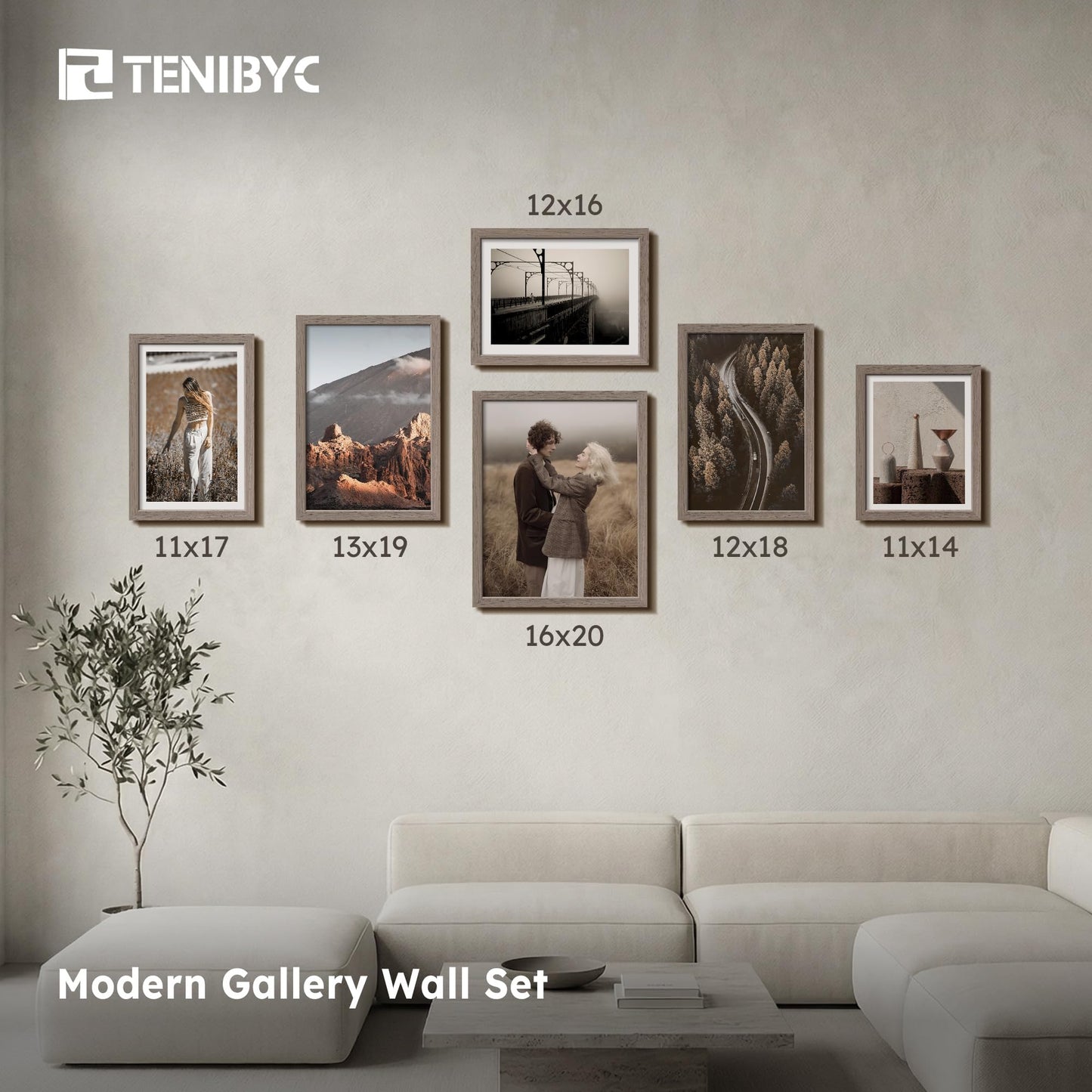 TENIBYC 11x14 Walnut Picture Frame 3 Pack with HD Glass - Natural Brown, Solid Wood Poster Frame, Wall Gallery Frame