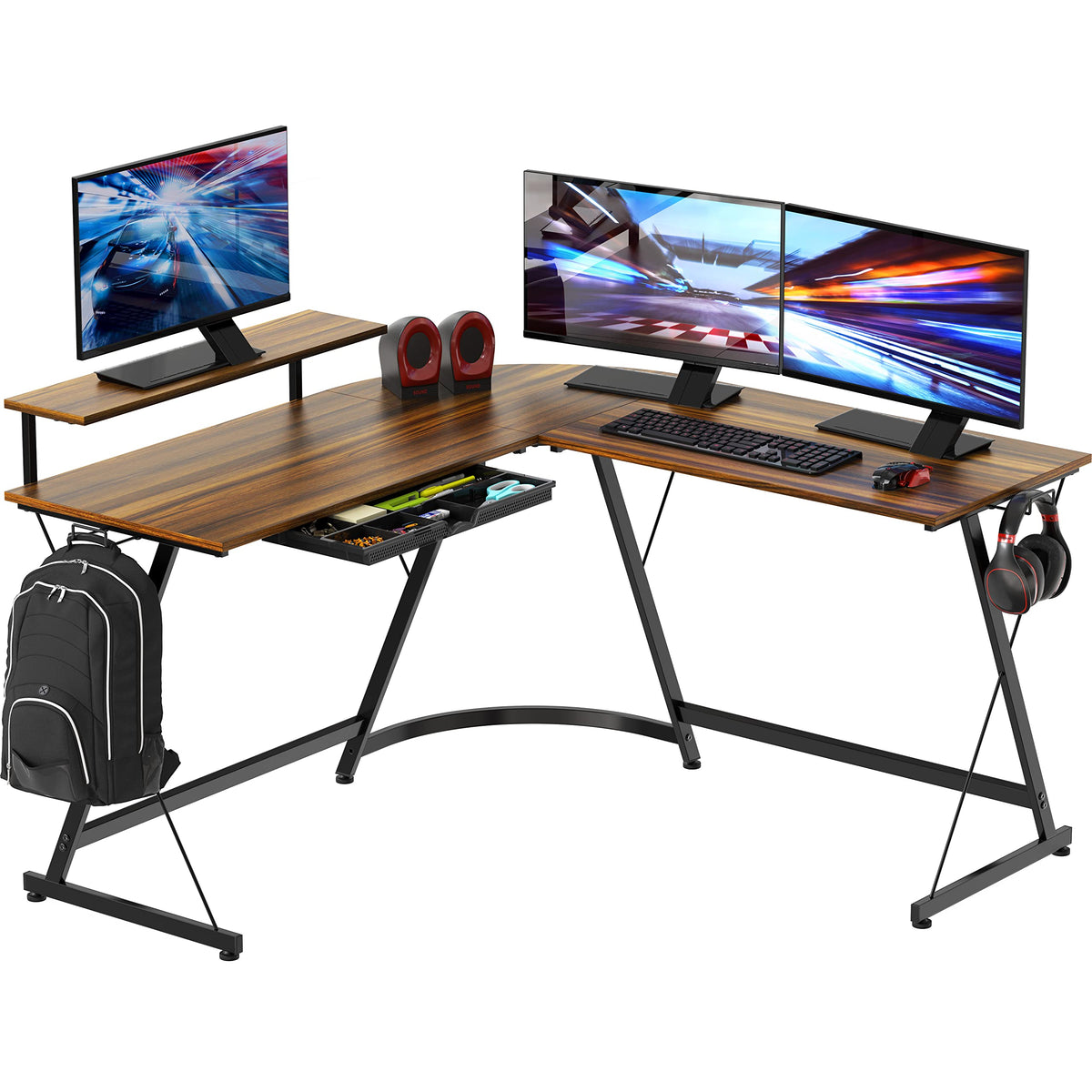 SHW 51 x 51 Inches Vista L-Shaped Desk with Monitor Stand and Drawer, Walnut