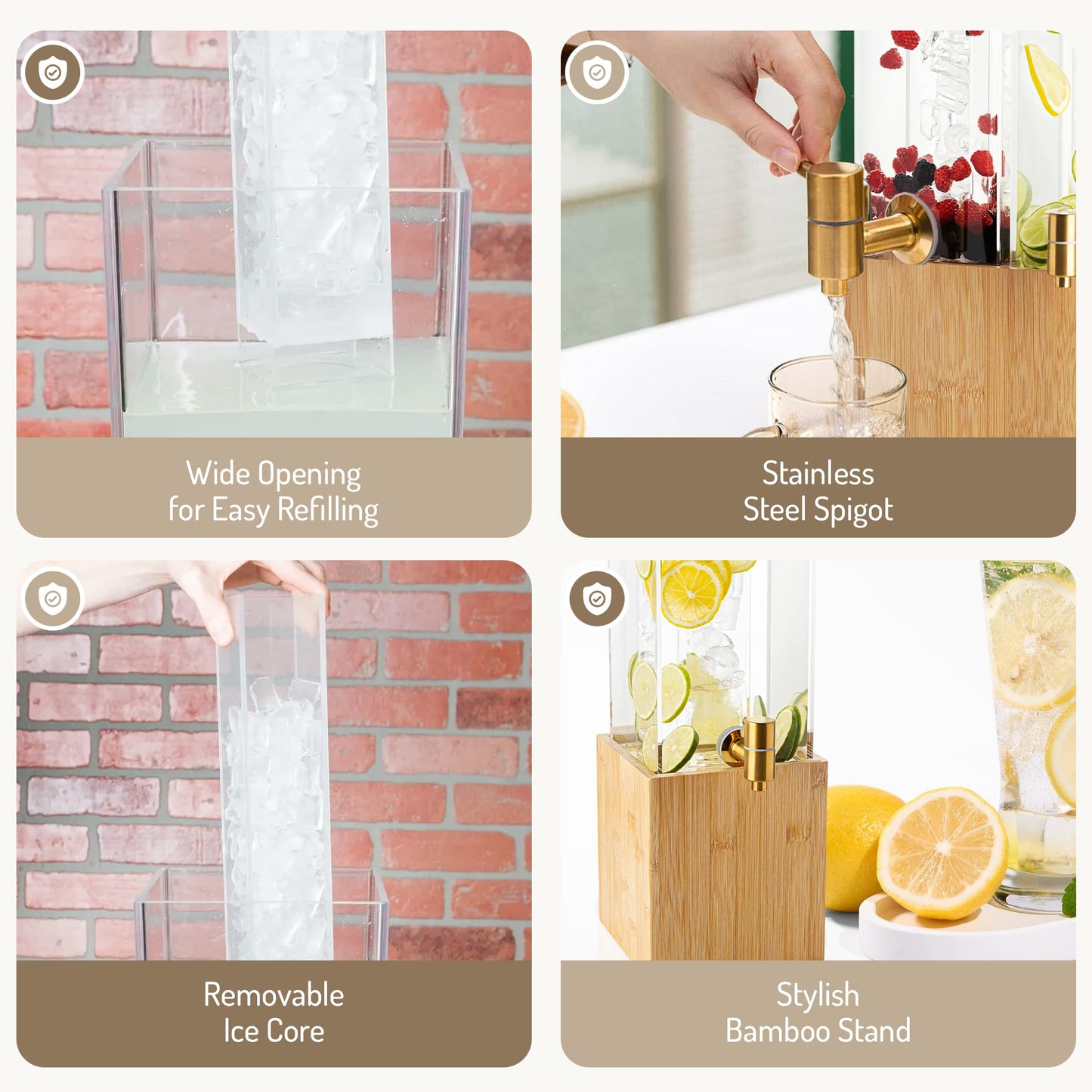 1.25 Gallon Acrylic Beverage Dispenser with Bamboo Stand – Iced Drink Dispenser with Stainless Steel Spigot & Built-in Ice Core