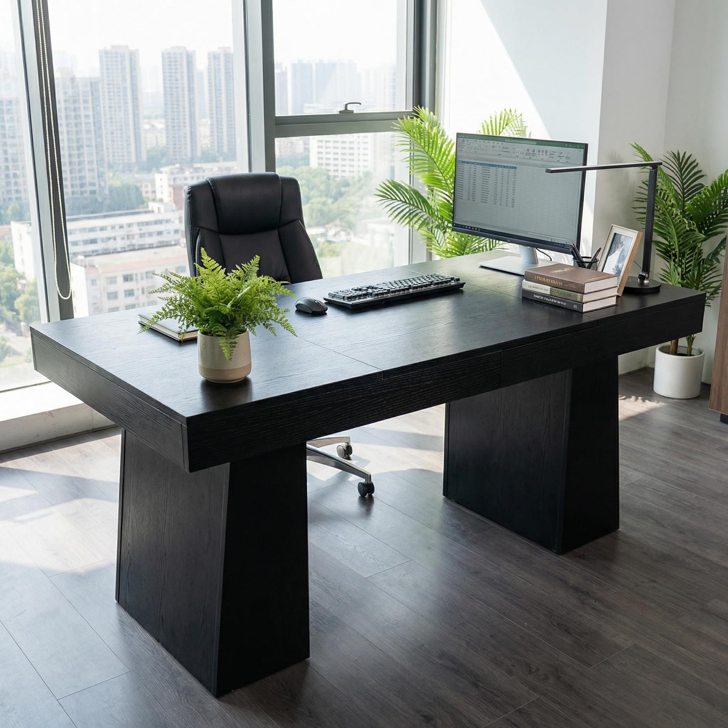GarveeHome 55" Executive Desk, Mid-Century Modern Home Office Desks with Double Trapezoid Base, Wood Computer Desk Business Workstation Desk Conference Table, Black