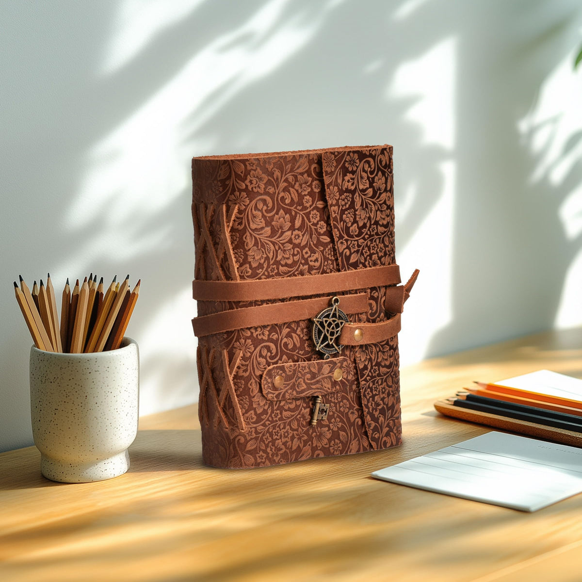 LEATHER VILLAGE Handmade Leather Bound Floral Embossed Journal for Women | 260 Pages Blank of Vintage Paper Writing, Sketchbook, Notebook - Rustic Brown - 10X7 Inches