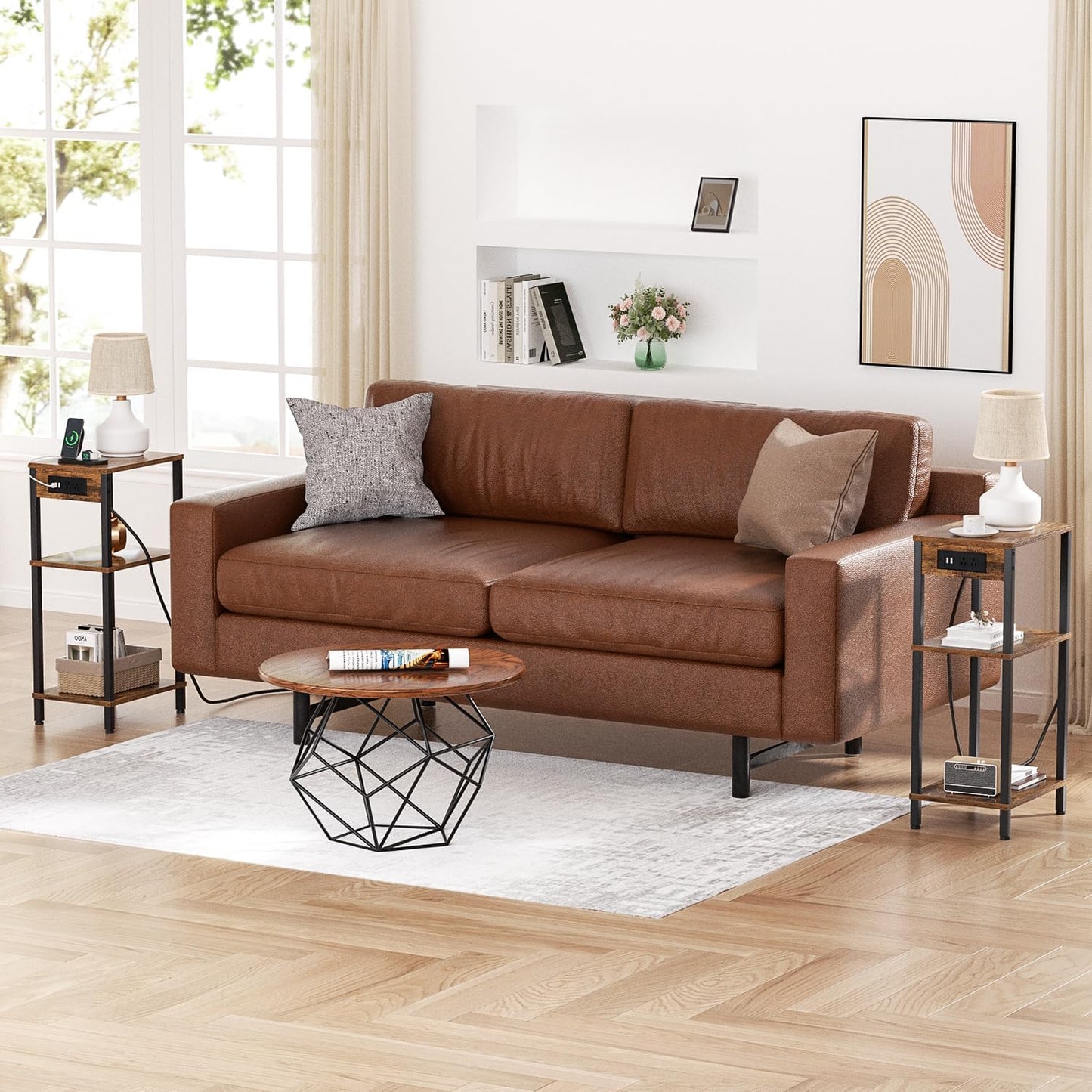 Creso hom Side Table with Charging Station, Tall End Tables Living Room, 30 Inch Skinny Night Stand with Storage, Small Bedside Tables for Bedroom, Office, Dorm, Hallway, Rustic Brown