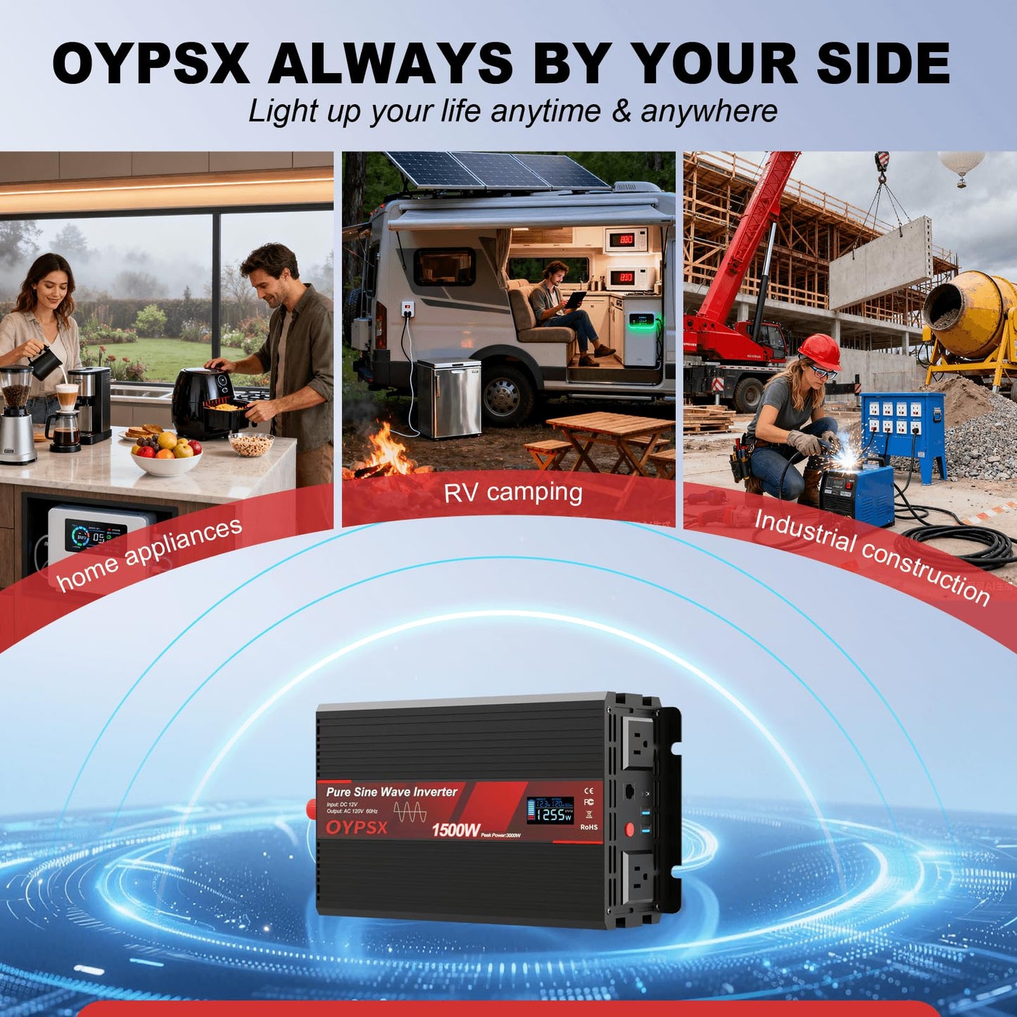 OYPSX 1500W Power Inverter 12V to 110V 120V AC Pure Sine Wave Inverter for RV Truck Camping,Outdoor Off-Grid Power Converter with LCD Display,Wired Controller,AC Outlets USB Ports (12V-1500Watt)