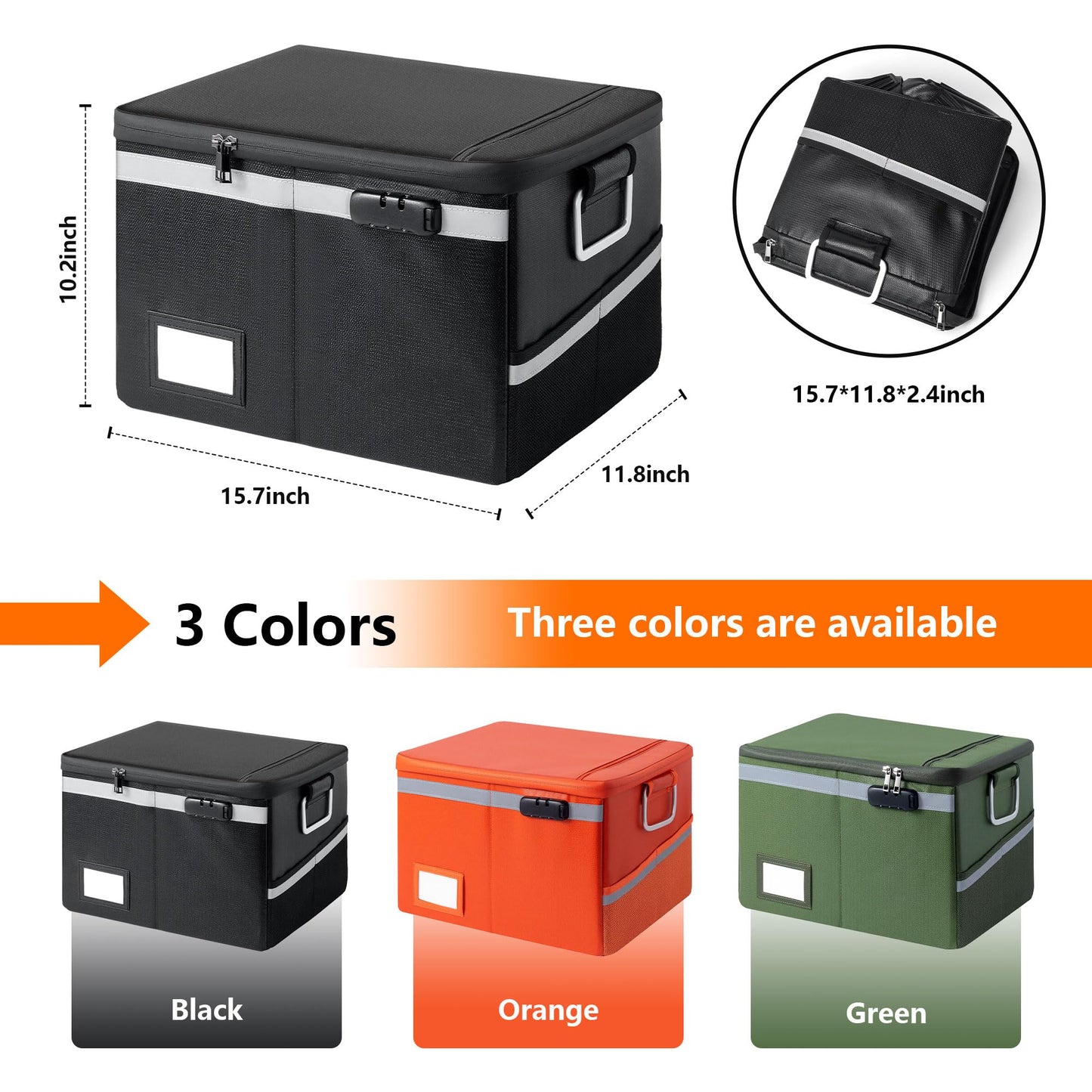 Ekunivers Fireproof Waterproof Document Box with Lock Collapsible Portable File Organizer Hard Shell Storage for Hanging Letter Legal Folders Home Office Safe Black 15.7x11.2x10.2in