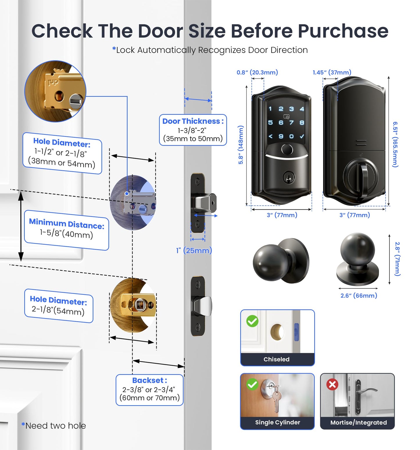 Veise VE027-K Built-in WiFi Smart Lock with 2 Knob, Fingerprint Keyless Entry Door Lock Handle Set for Front Door, App Remote Control, Electronic Digital Keypad Deadbolt, IP65 Waterproof, Matte Black