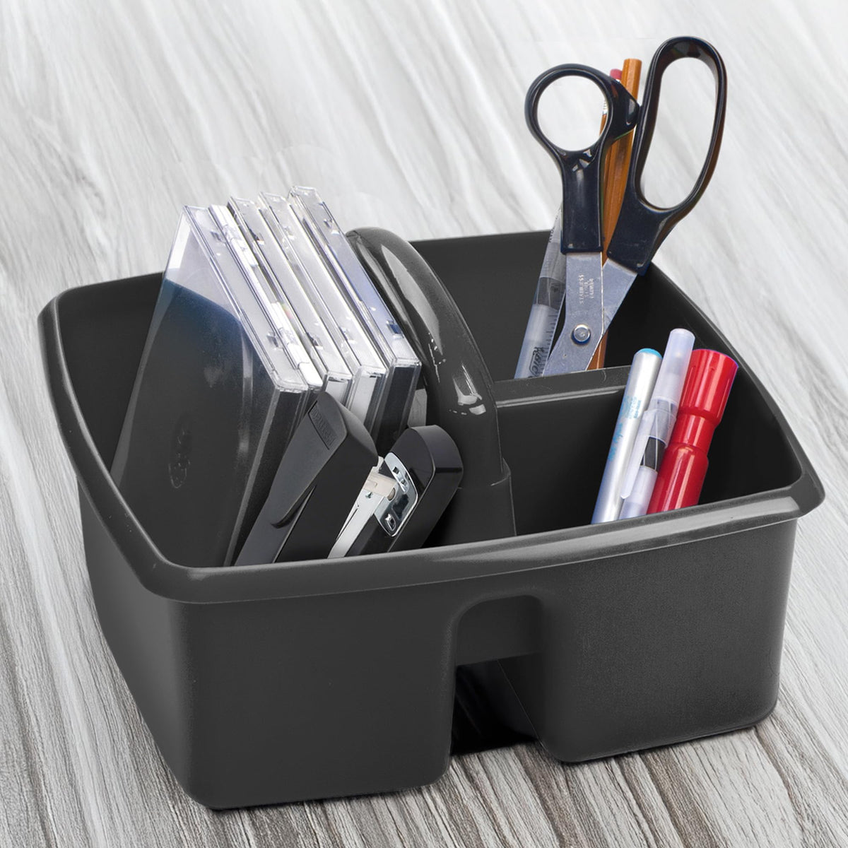 Storex 3-Compartment Small Cleaning Caddy – Multipurpose Supply Organizer with Handle, Black, 6-Pack (00972A06C)