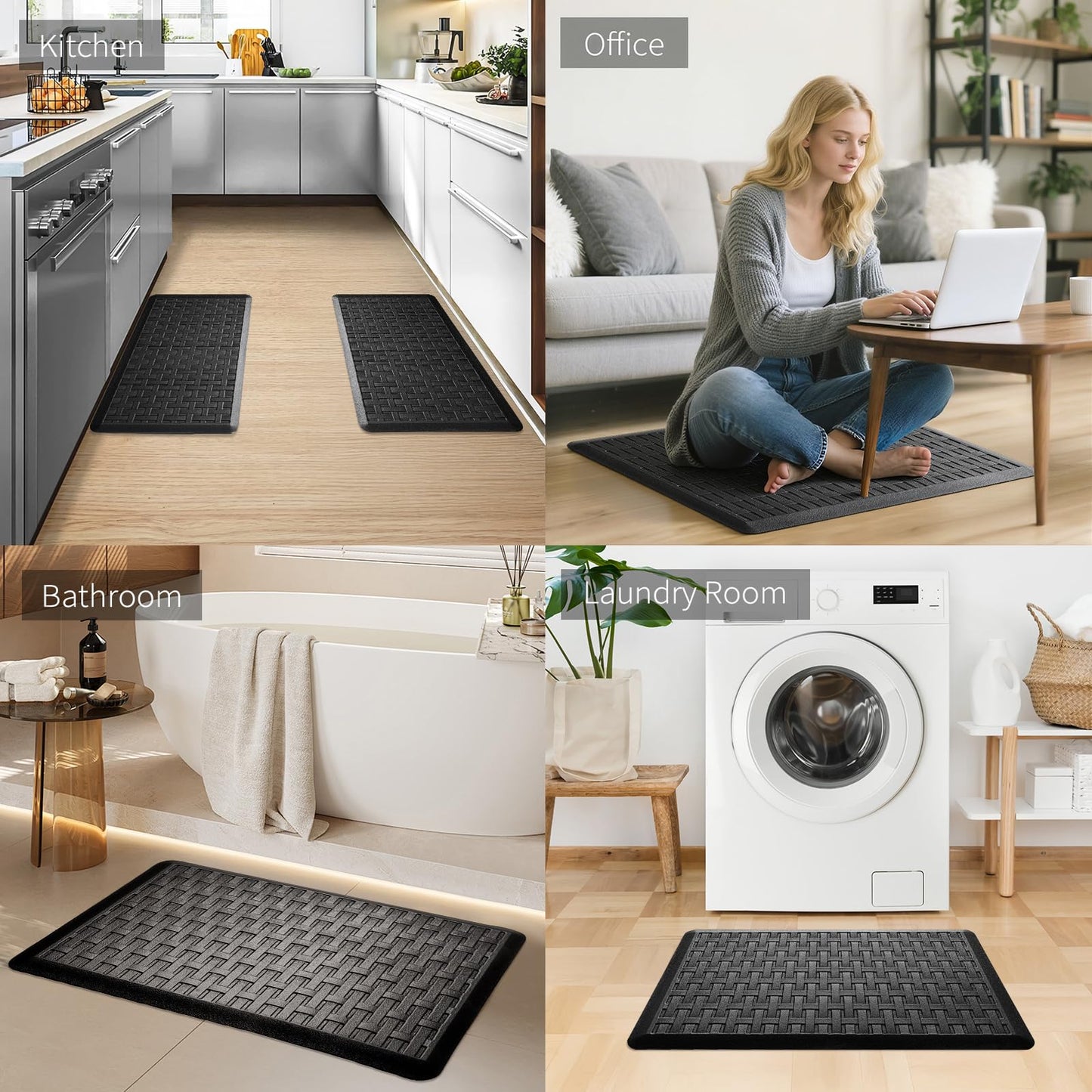 2PCS UKISS Kitchen Rugs, Cushioned Anti Fatigue Kitchen Mats for Floor, Waterproof Kitchen Rug,Non-Slip Comfort Standing Mat for Kitchen (Black, 17.3"x28"+17.3"x28")