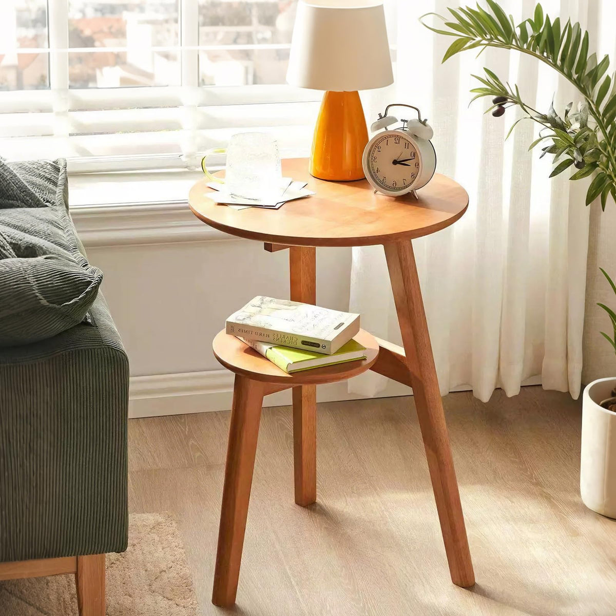 Towood Lifee Side Table, Small Round End Table with 2-Tier Shelf, Solid Wood Nightstand for Small Spaces, Mid Century Modern Accent Table for Living Room Bedroom, Natural