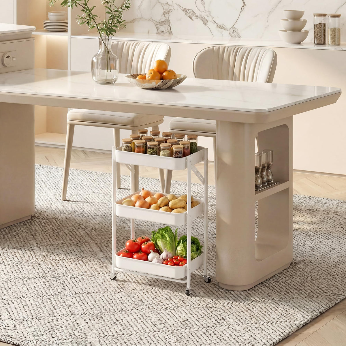 JAQ No Assembly Required Rolling Cart, 3-Tier Foldable Utility Cart for Under Desk, 26.8" Height Metal Storage Cart with Wheels, 10" Narrow Small Space Organizer for Office, Kitchen, White