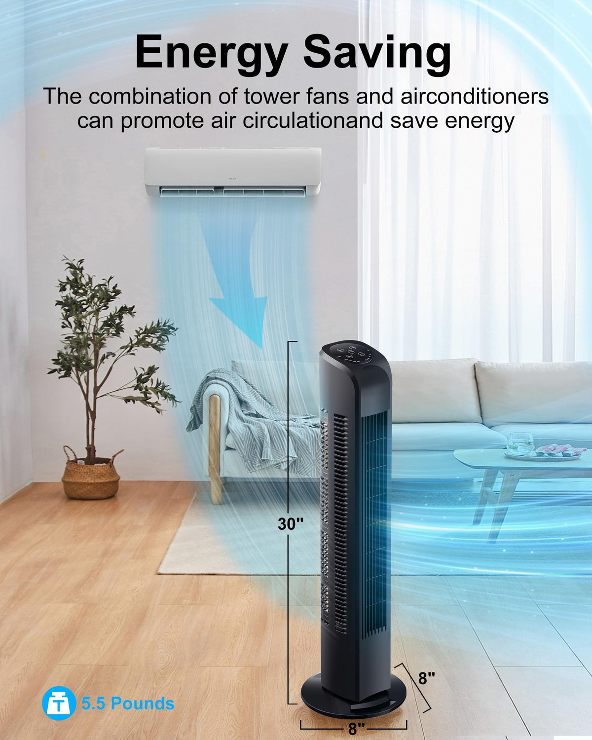 Uthfy Oscillating Tower Fan with Remote, Electric Standing Floor Fan for Bedroom Indoor Office and Home Use,Quiet Cooling Portable Bladeless Tower Fans, 30 inchs, Black