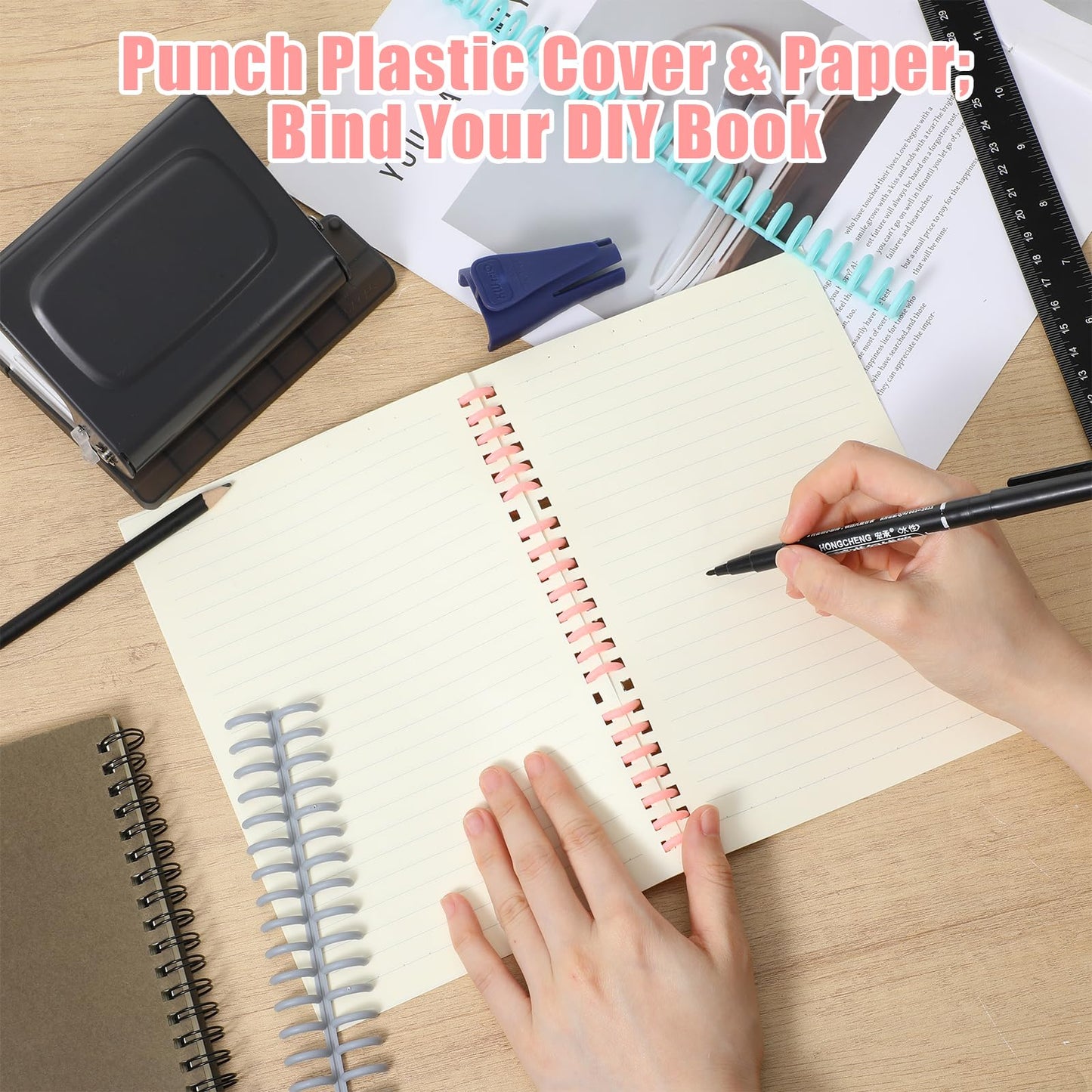 PercyEffie Grey 10-Hole Binding Machine for Planner with 20pcs Comb Binding Spines, Plastic Spiral Bindings Coils,30 Holes on A4,20 Holes on A5,26 Hole on B5,10 Sheet Capacity