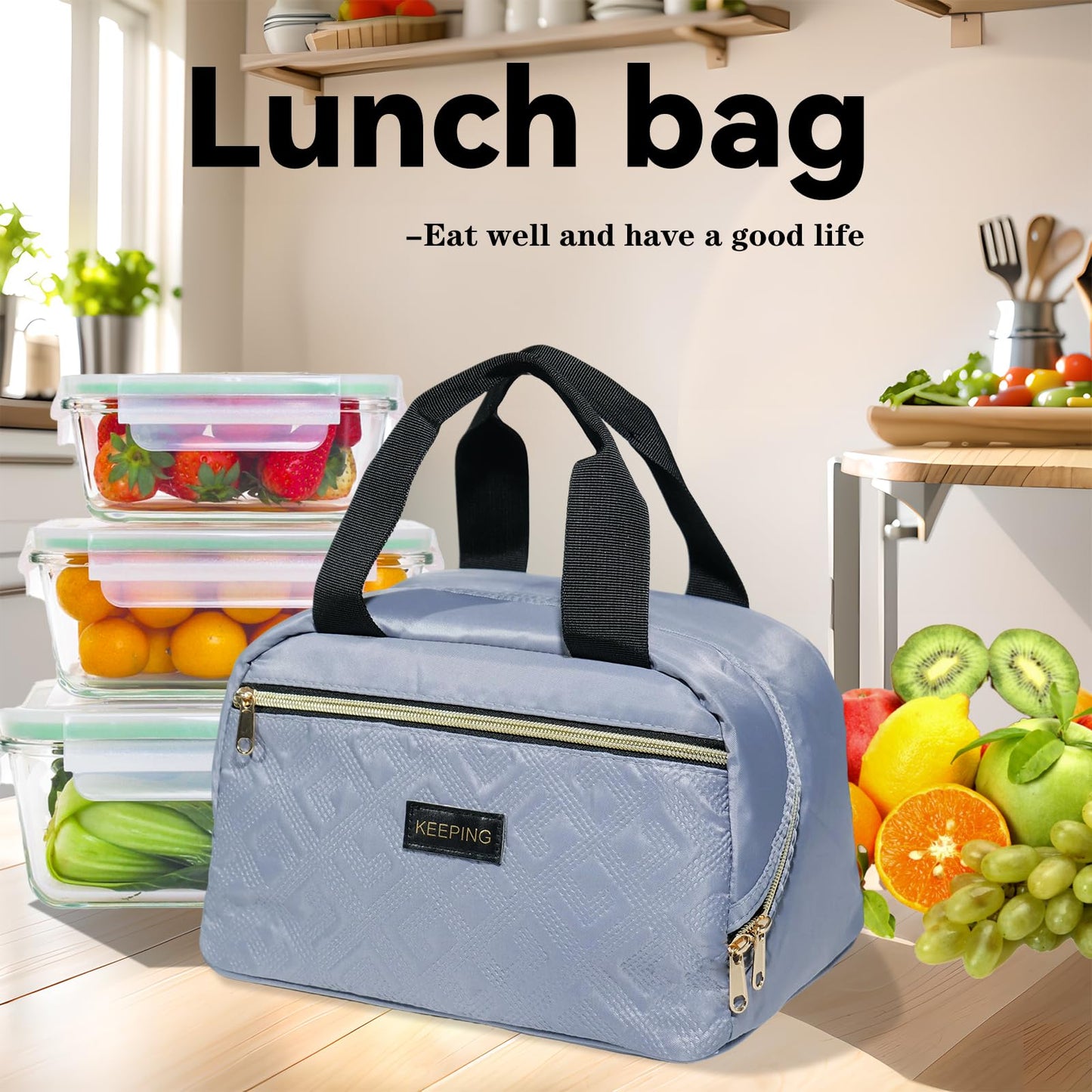 Yoncito Insulated Lunch Bag for Work: Reusable Lunch Box Organizer Bags - Insulated Lunch Tote Bags with Large Capacity for Adult Women Men Office Travel (Gray-blue)