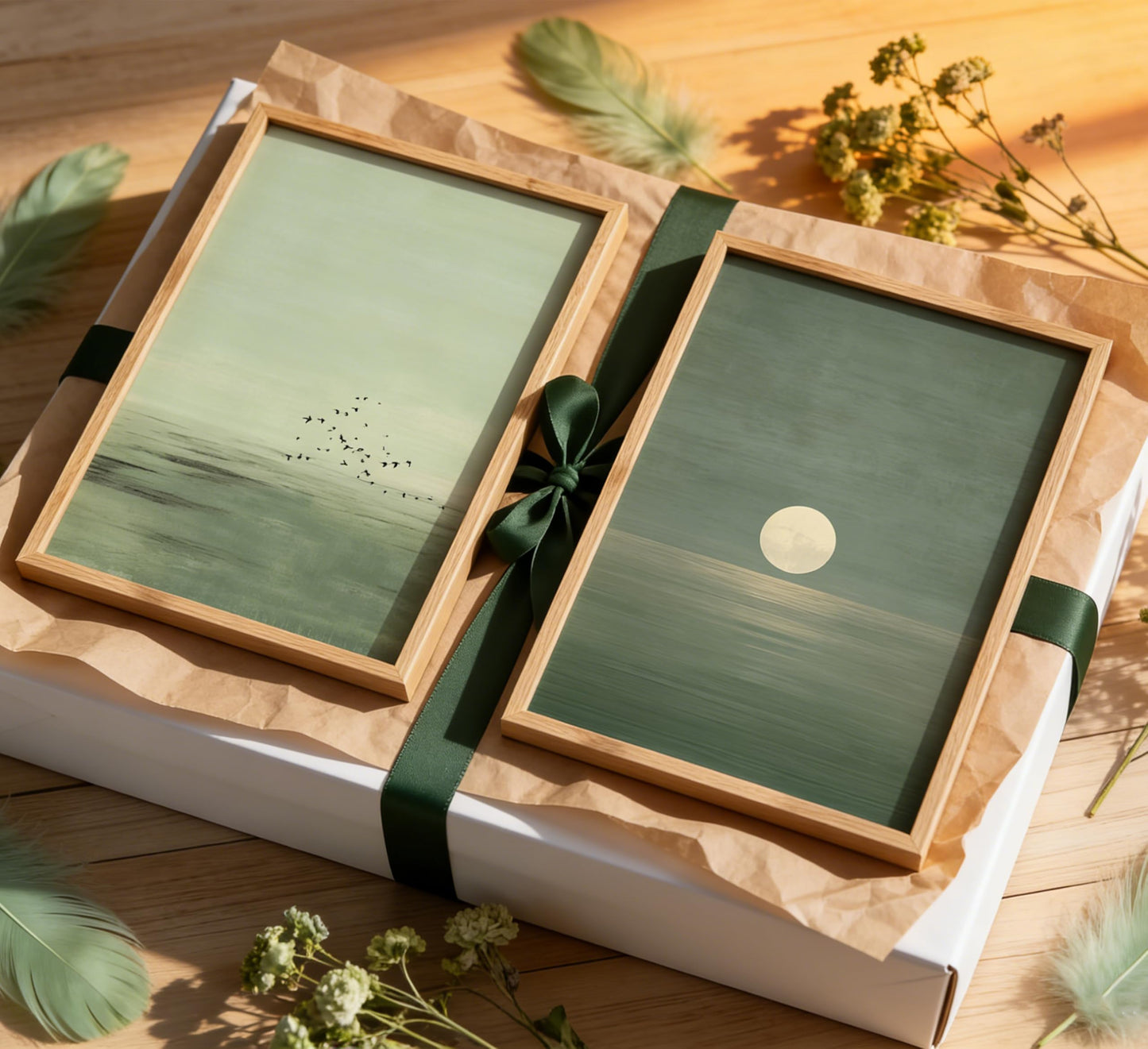 Framed Minimalist Sunset Wall Art Green Ocean Landscape Wall Decor Scandinavian Zen Painting Picture Abstract Landscape Poster Prints Artwork for Bedroom Living Room Office Meditation Room