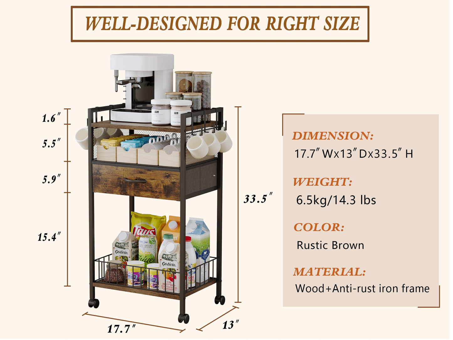 Dsmadn Small Coffee Bar Cart with Drawer Srorage, Office Coffee Bar Station Organizer Mug Cup Holder Stand, K Cup Holder Rack for Home Buffets & Sideboards for Kichen, Entryway, Living Room (Black)