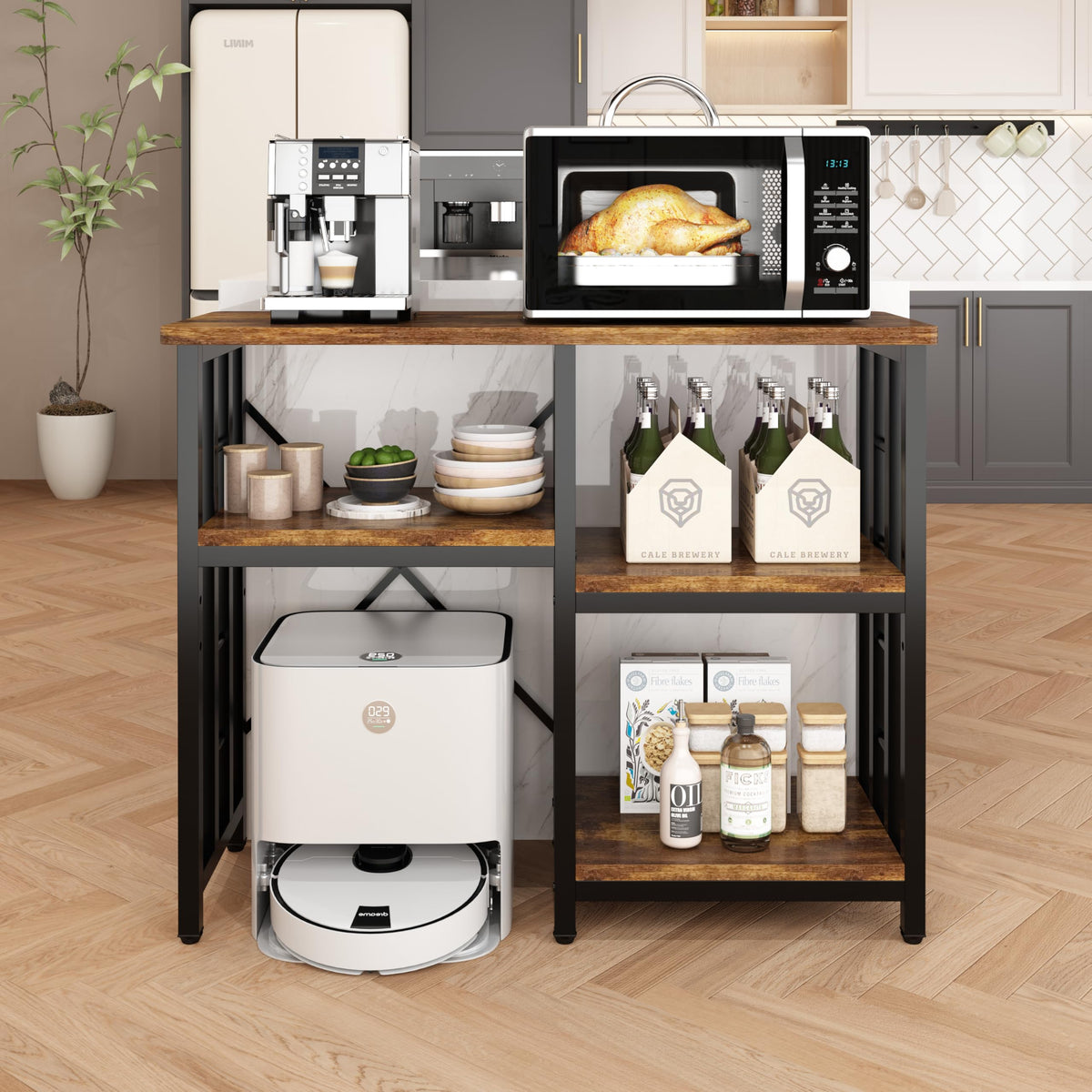 DKFNCL Mini Fridge Stand with Power Outlet, Mini Fridge Stand, Microwave Oven Stand Table, Bar Cabinet, Aquarium Stands, 4-Tier Kitchen Baker's Rack for Spices, Pots and Pans.