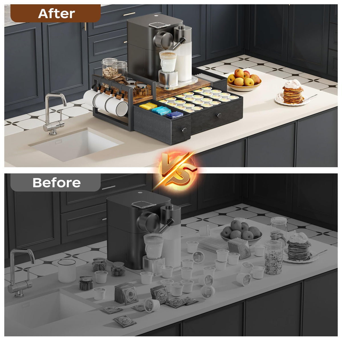 Homeiju Coffee Pod Drawers - K Cup Organizer, Nespresso Pods Holder with Mug Rack, Coffee Holder for Countertop, 52 Capacity Pods, Suitable for Kitchens, Offices and Coffee Bars(Brown)